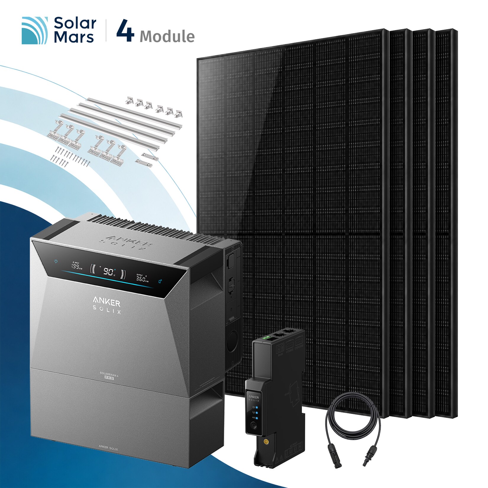 Solarmars® 2000W Balkonkraftwerk mit Speicher,Anker SOLIX Solarbank 4 E5000 Pro + 1xBP2700 Erweiterungsakku, 4x500W Solarmodule- Mit Ziegeldachhalterung