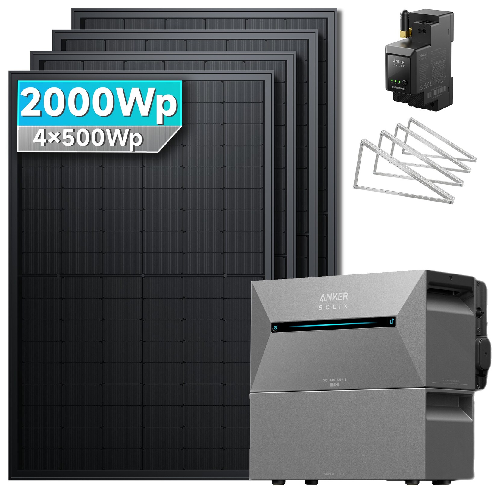 Solarmars® 2000W Balkonkraftwerk mit Speicher, Anker SOLIX Solarbank 2 E1600 Pro +1x BP2700 - Mit Flachdachhalterung