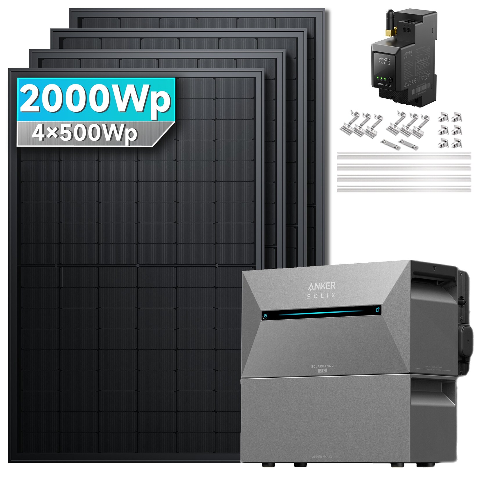 Solarmars® 2000W Balkonkraftwerk mit Speicher, Anker SOLIX Solarbank 2 E1600 Pro + 1x BP3700 - Mit Ziegeldachhalterung