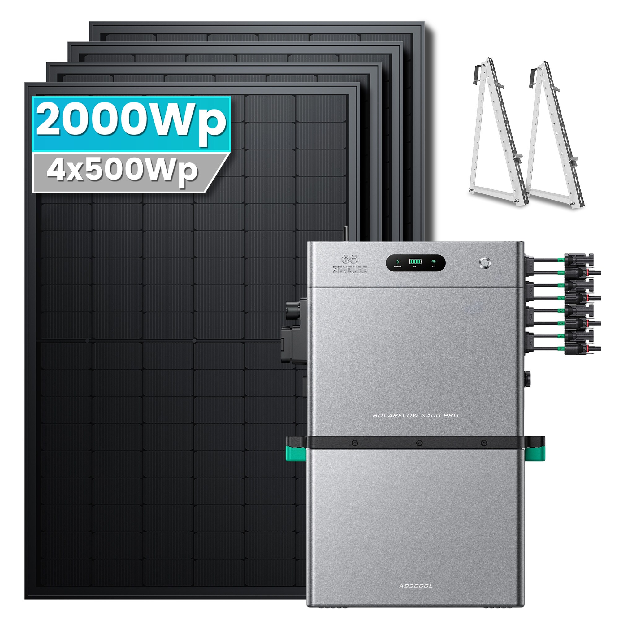 Solarmars&reg; 2000W Balkonkraftwerk mit 5,28 kWh Speicher,Zendure SolarFlow 2400 PRO + AB3000L,4 MPPT- Mit Balkon halterung - Bild 1