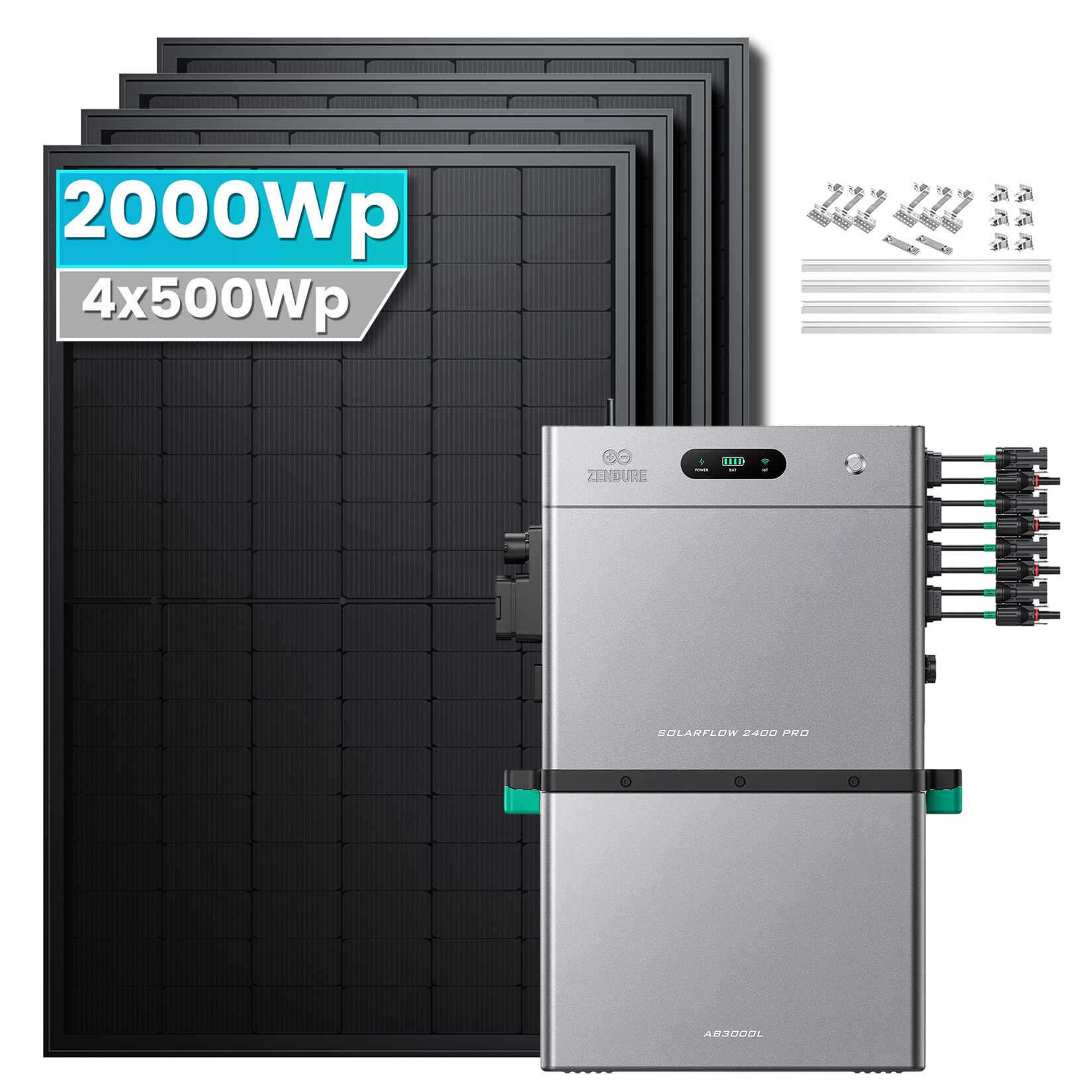 SolarMars® 2000W Balkonkraftwerk mit 5,28 kWh Speicher,Zendure SolarFlow 2400 PRO + AB3000L,4 MPPT- Mit Ziegeldachhalterung