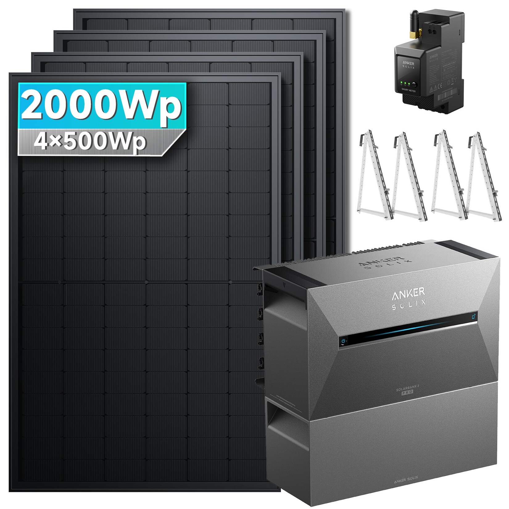 Solarmars® 2000W Balkonkraftwerk mit Speicher, Anker SOLIX Solarbank 3 E2700 Pro, BP2700 Erweiterungsakku & Smart Meter- Mit Balkonhalterung
