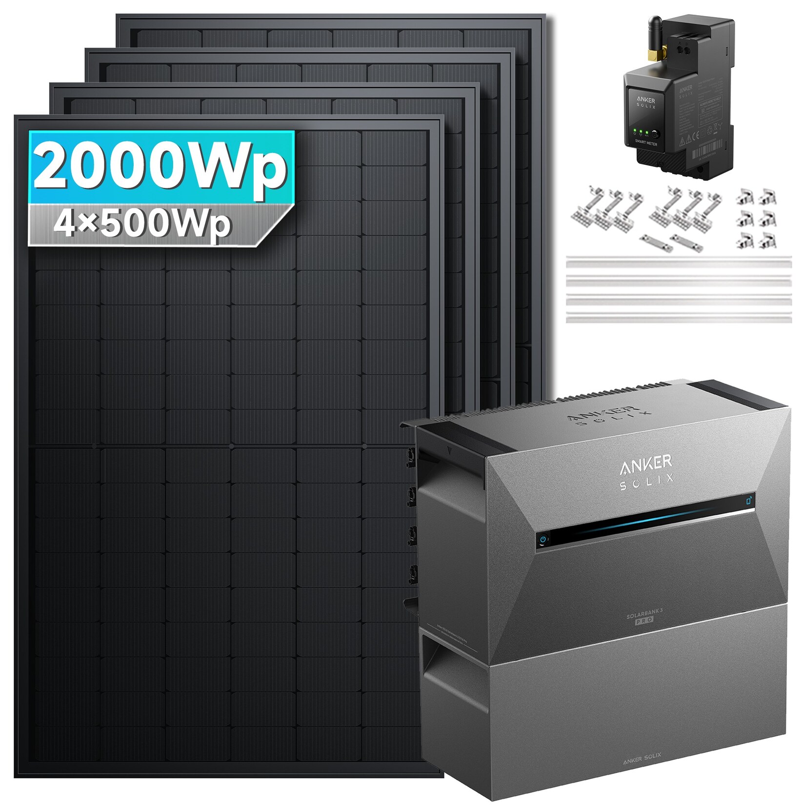 Solarmars® 2000W Balkonkraftwerk mit Speicher, Anker SOLIX Solarbank 3 E2700 Pro, BP2700 Erweiterungsakku & Smart Meter - Mit Ziegeldachhalterung