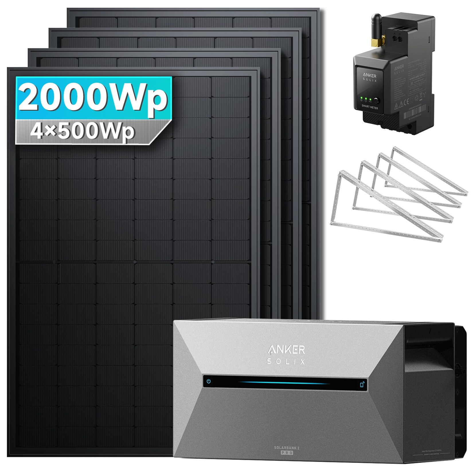Solarmars® 2000W Balkonkraftwerk Komplettset mit Speicher – Anker SOLIX Solarbank 2 E1600 Pro (1600Wh), 8×3m DC Verlängerungskabel, mit Flachdachhalterung