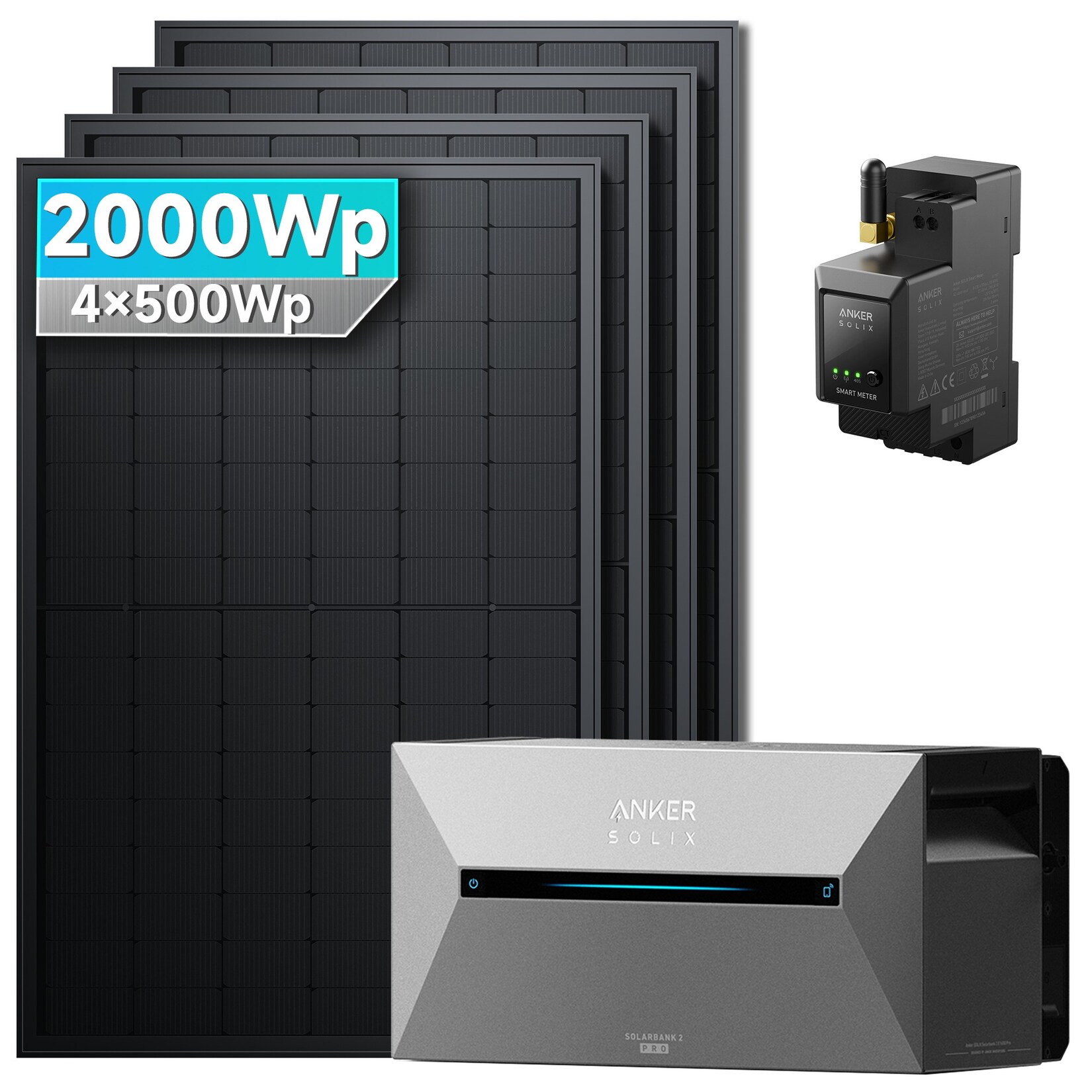 Solarmars® Balkonkraftwerk 2000W Komplettset mit Speicher – Anker SOLIX Solarbank 2 E1600 Pro (1600Wh), 8×3m DC Kabel, ohne Halterung