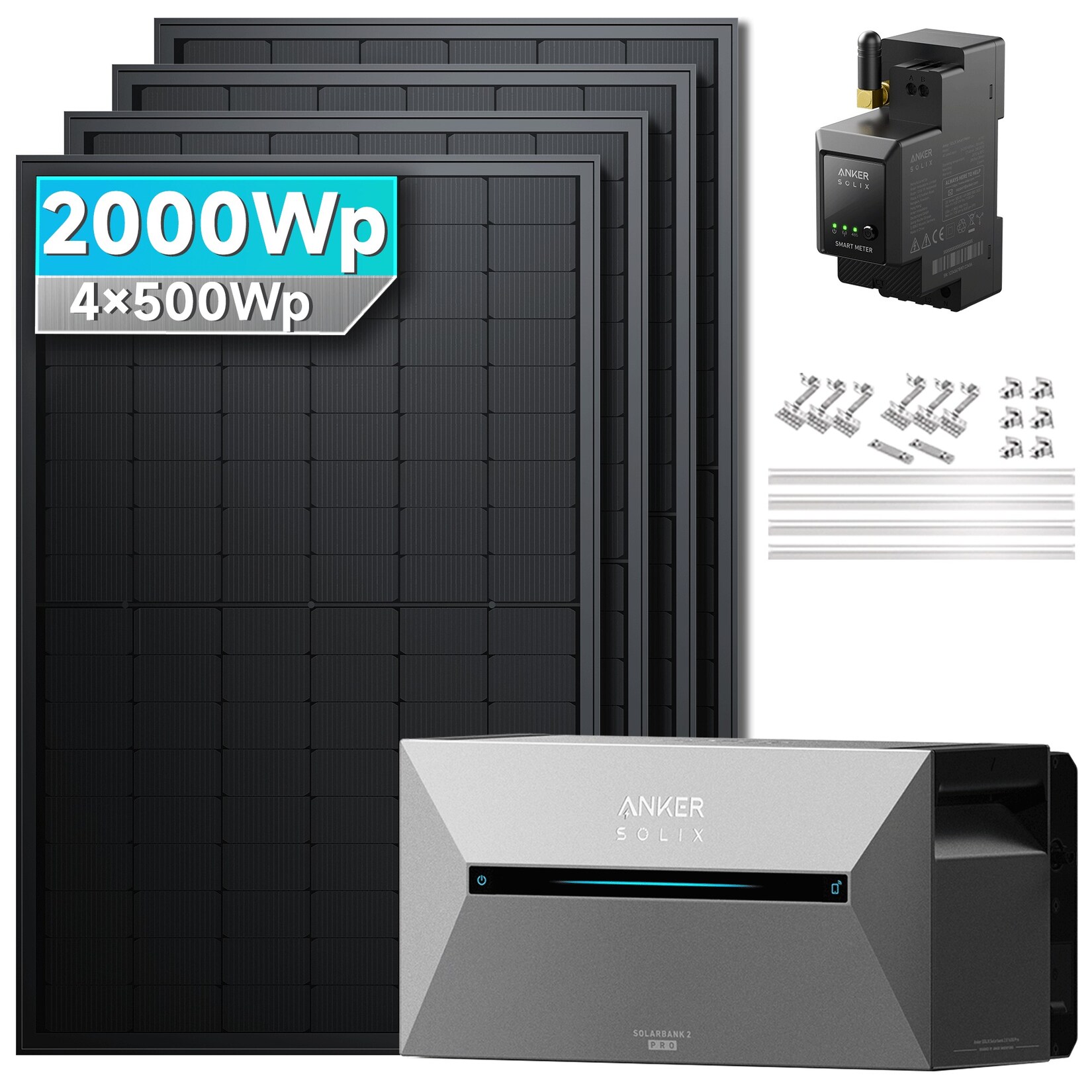 Solarmars® 2000W Balkonkraftwerk Komplettset mit Speicher – Anker SOLIX Solarbank 2 E1600 Pro (1600Wh), 8×3m DC Verlängerungskabel, mit Ziegeldachhalterung