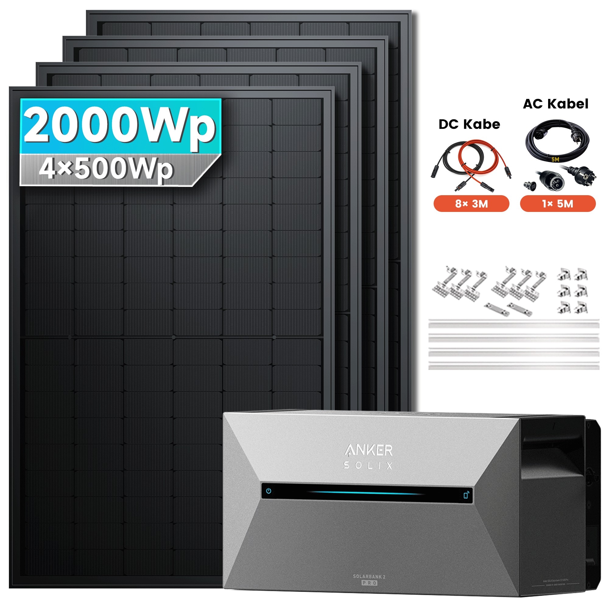 Solarmars&reg; 2000W Balkonkraftwerk Komplettset mit Speicher &ndash; Anker SOLIX Solarbank 2 E1600 Pro (1600Wh), 8&times;3m DC Verl&auml;ngerungskabel, mit Ziegeldachhalterung - Bild 1