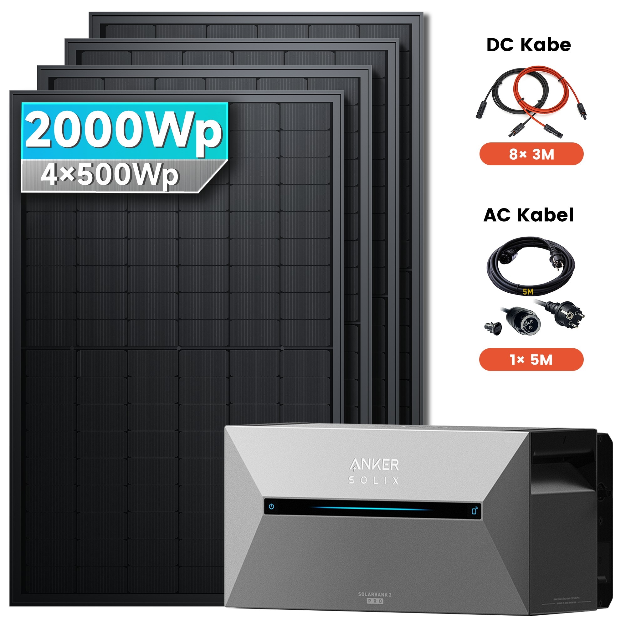 Solarmars&reg; Balkonkraftwerk 2000W Komplettset mit Speicher &ndash; Anker SOLIX Solarbank 2 E1600 Pro (1600Wh), 8&times;3m DC Kabel, ohne Halterung - Bild 1