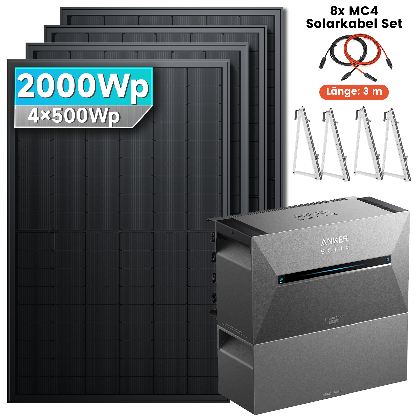 SolarMars® 2000W Balkonkraftwerk mit Speicher, Anker SOLIX Solarbank 3 E2700 Pro und 1x BP2700 - Mit Balkonhalterung
