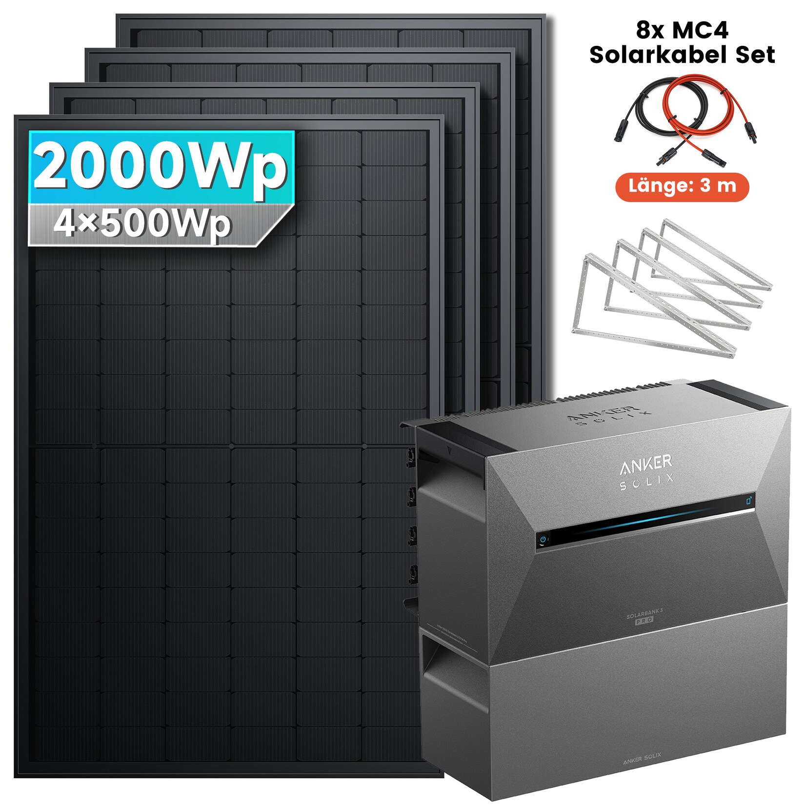 SolarMars® 2000W Balkonkraftwerk mit Speicher, Anker SOLIX Solarbank 3 E2700 Pro und 1x BP2700 - Mit Flachdachhalterung