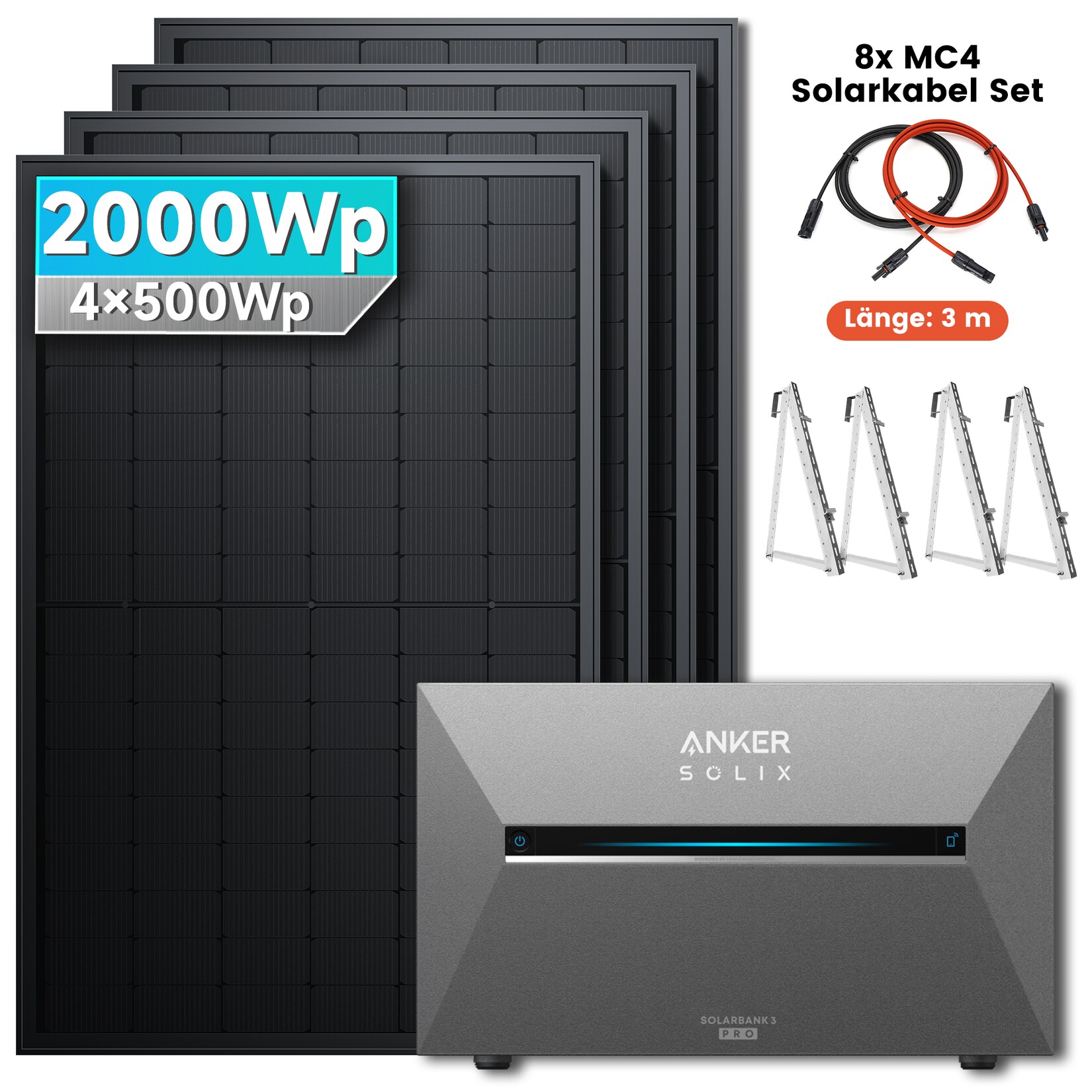 SolarMars® 2000W Balkonkraftwerk mit Speicher, Anker SOLIX Solarbank 3 E2700 Pro - Mit Balkonhalterung