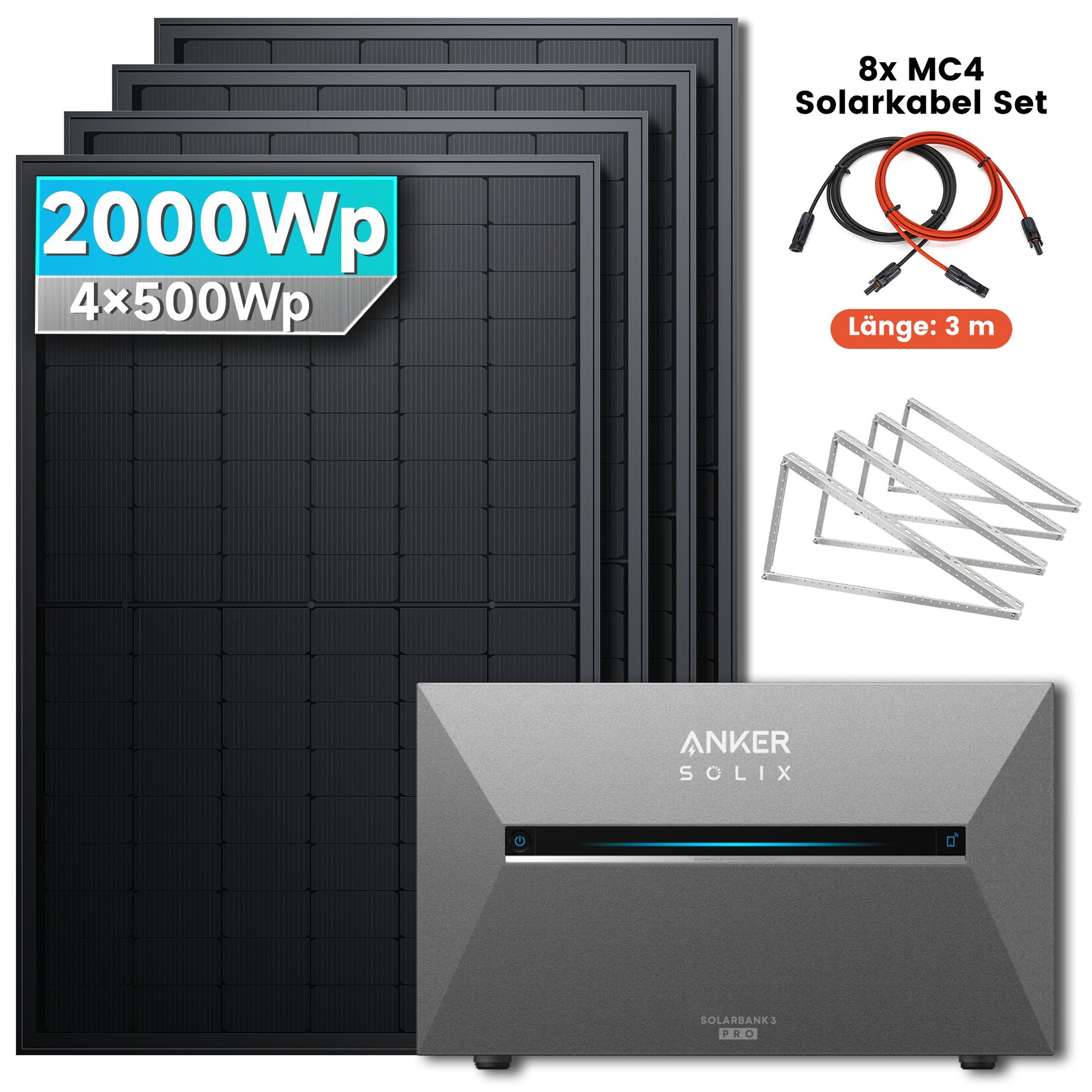 SolarMars® 2000W Balkonkraftwerk mit Speicher, Anker SOLIX Solarbank 3 E2700 Pro - Mit Flachdachhalterung