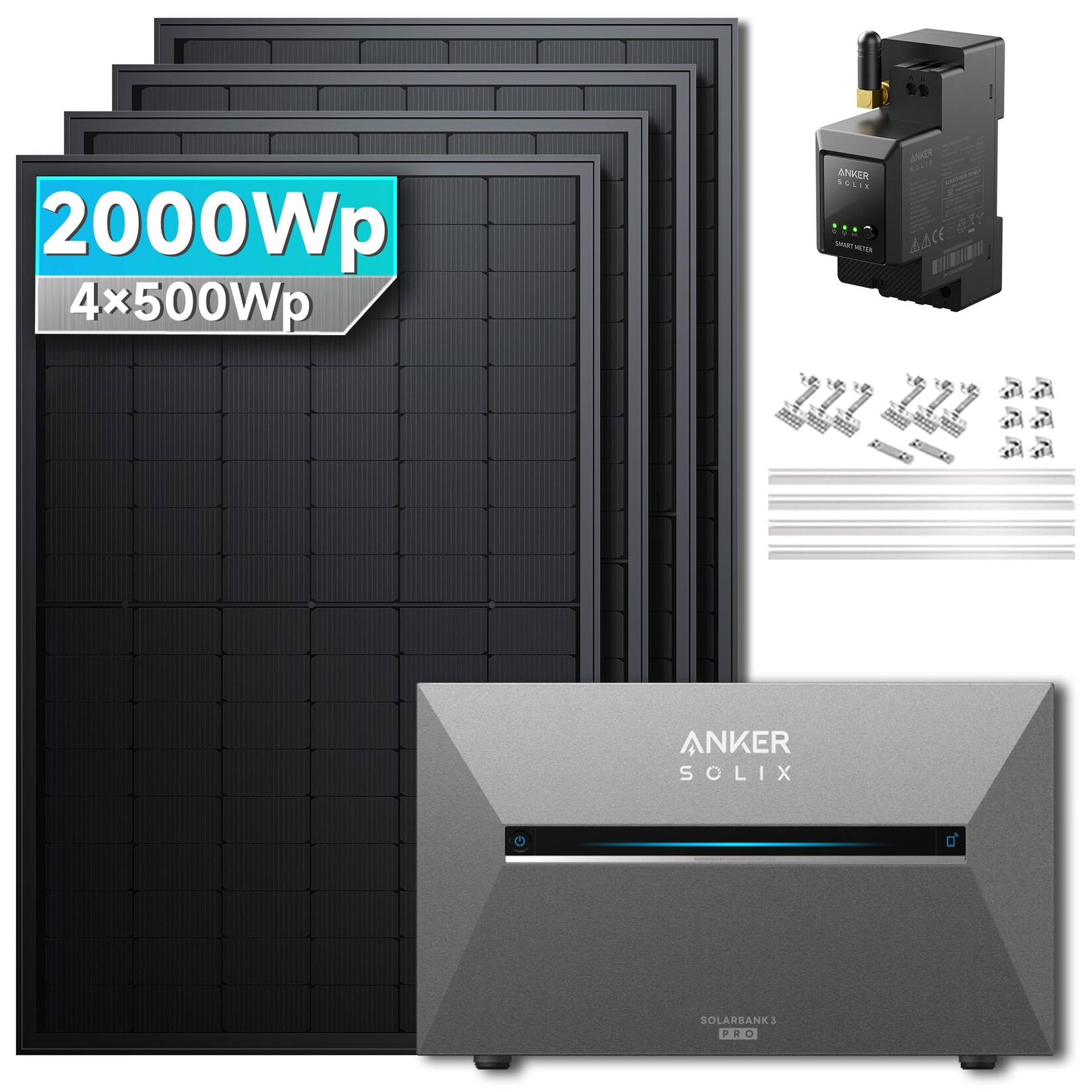 Solarmars® 2000W Balkonkraftwerk mit Speicher, Anker SOLIX Solarbank 3 E2700 Pro und Smart Meter - Mit Ziegeldachhalterung