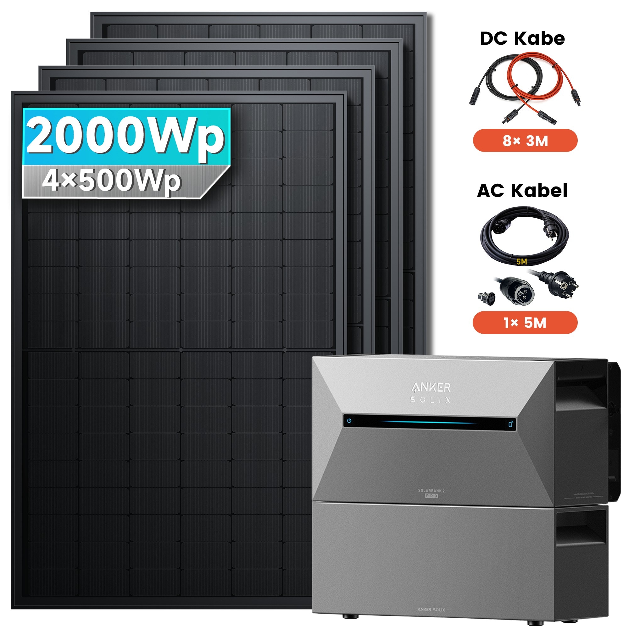Solarmars&reg; Balkonkraftwerk 2000W Komplettset mit Speicher,Anker SOLIX Solarbank 2 E1600 Pro (1600Wh)+1xBP1600,8&times;3m DC Kabel, ohne Halterung - Bild 1