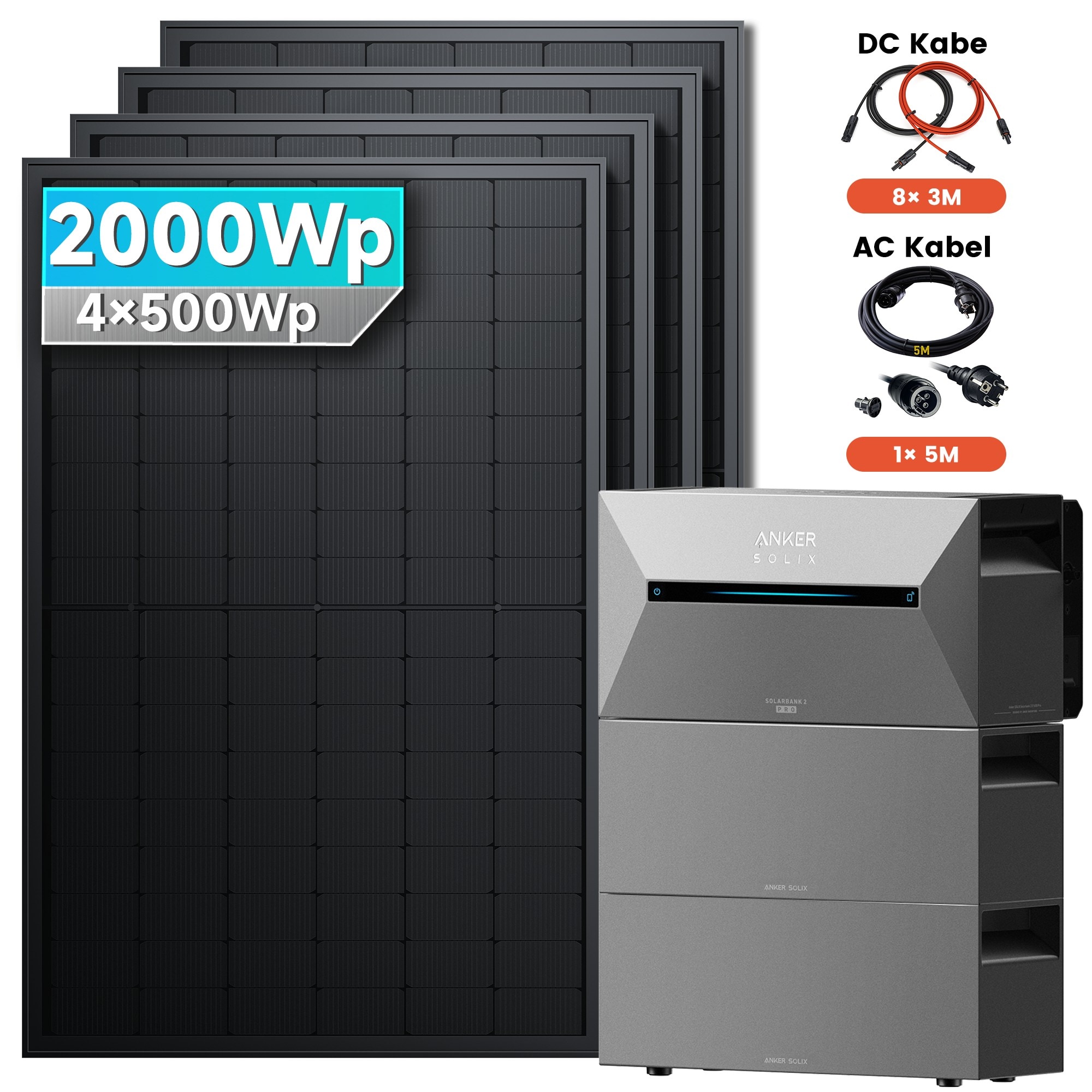 Solarmars&reg; Balkonkraftwerk 2000W Komplettset mit Speicher,Anker SOLIX Solarbank 2 E1600 Pro (1600Wh)+2xBP1600,8&times;3m DC Kabel, ohne Halterung - Bild 1