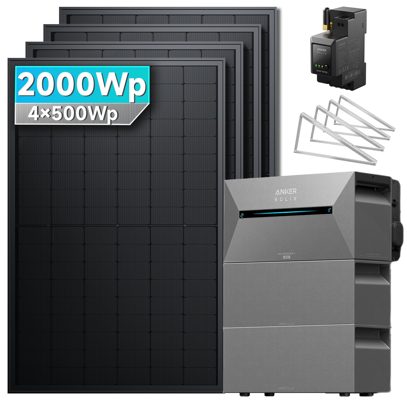 SolarMars® 2000W Balkonkraftwerk mit Speicher, Anker SOLIX Solarbank 2 E1600 Pro + 2x BP2700 - Mit Flachdachhalterung