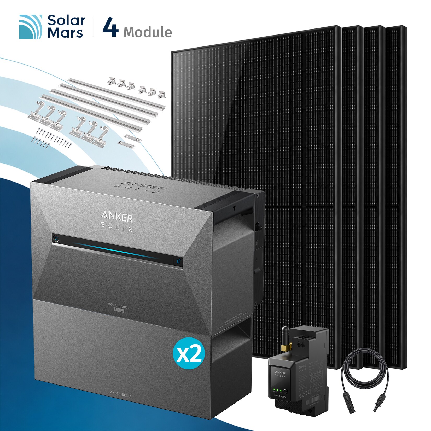 Solarmars® 2000W Balkonkraftwerk mit Speicher, Anker SOLIX Solarbank 3 E2700 Pro + 2x BP2700 - Mit Ziegeldachhalterung