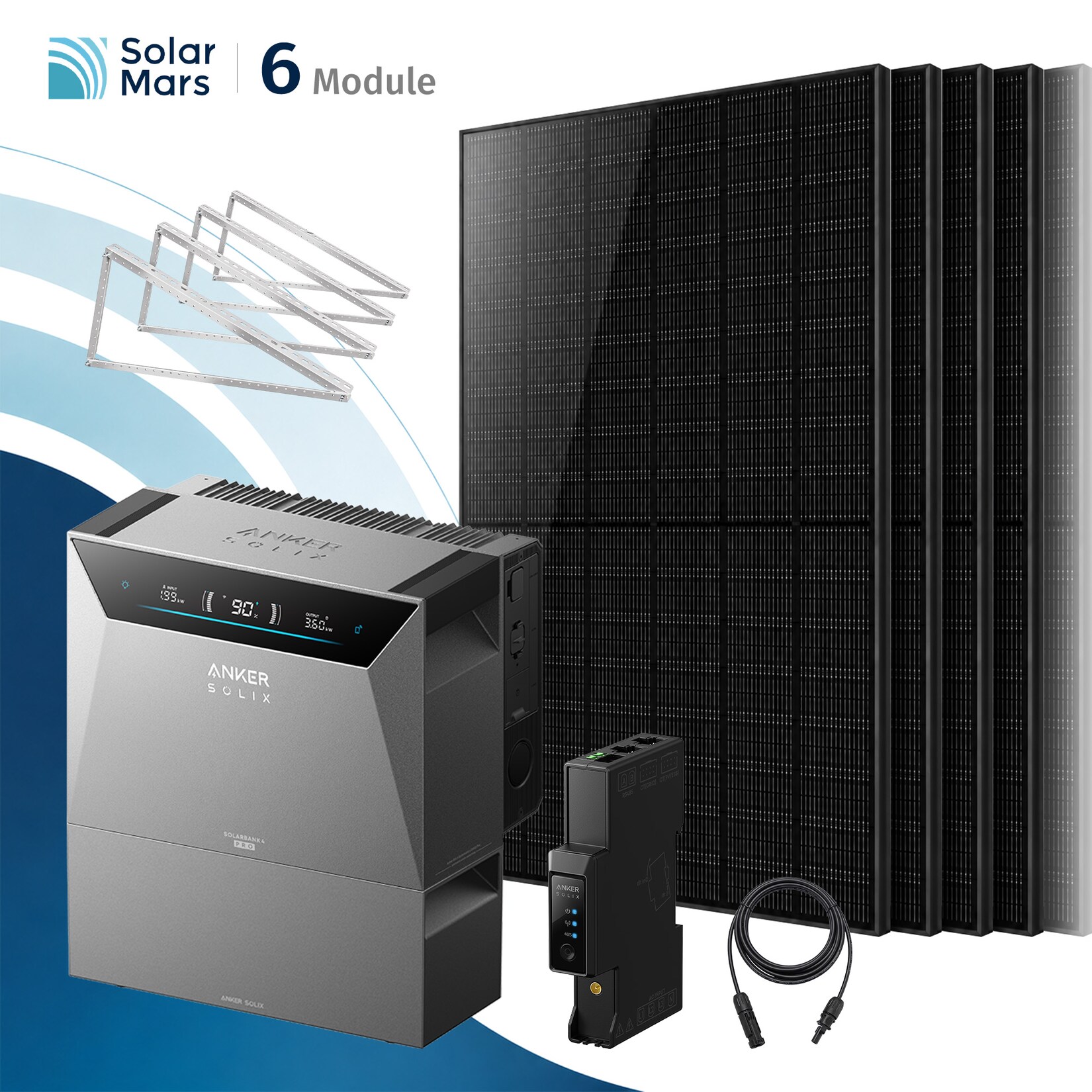 Solarmars® 3000W Balkonkraftwerk mit Speicher,Anker SOLIX Solarbank 4 E5000 Pro + 1xBP2700 Erweiterungsakku, 6x500W Solarmodule- Mit Flachdachhalterung