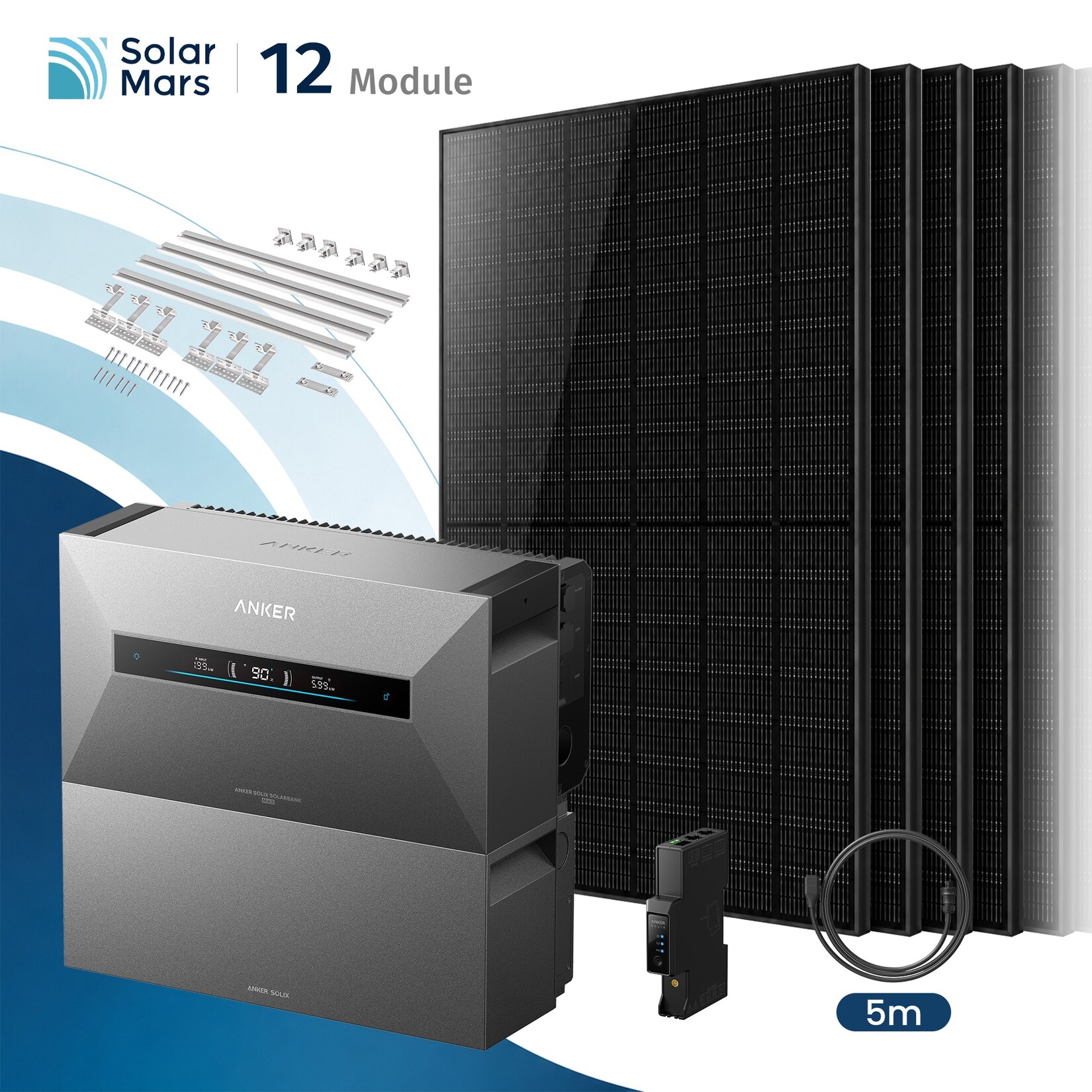 Solarmars 6000W Balkonkraftwerk mit Speicher, Anker SOLIX Solarbank MAX + 1x BP7000 - Mit Ziegeldach halterung