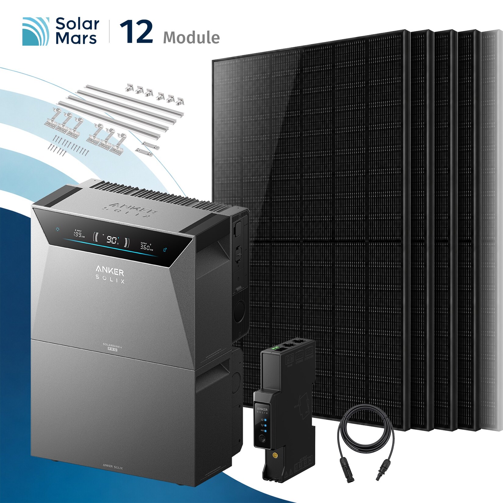Solarmars® 6000W Balkonkraftwerk mit Speicher,Anker SOLIX Solarbank 4 E5000 Pro + 1xBP5000 Erweiterungsakku, 12x500W Solarmodule- Mit Ziegeldachhalterung