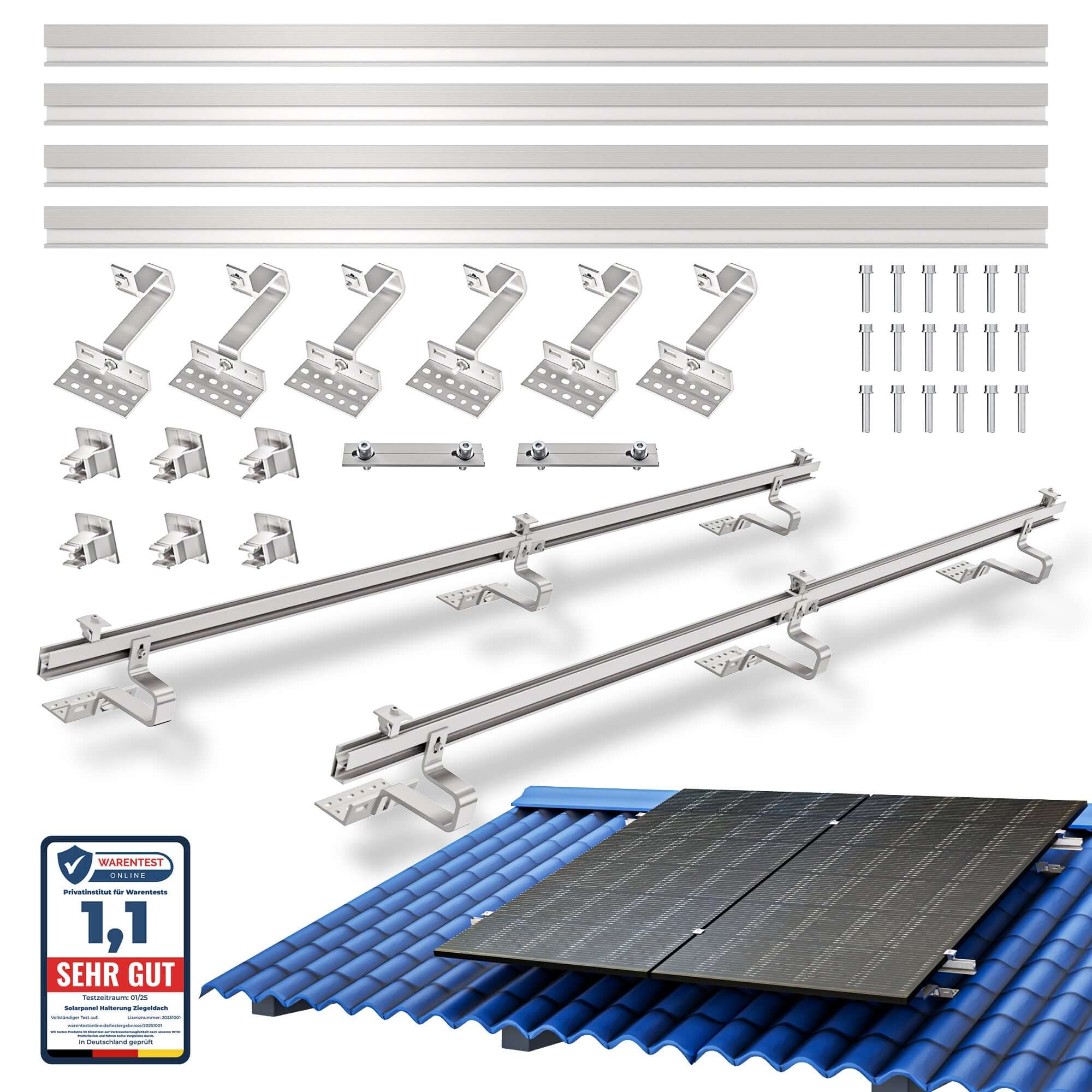 Balkonkraftwerk Halterung Ziegeldach,Solarmodul Halterung Komplettset mit Dachhaken f&uuml;r 2 PV-Module (28-46 mm) - Bild 1