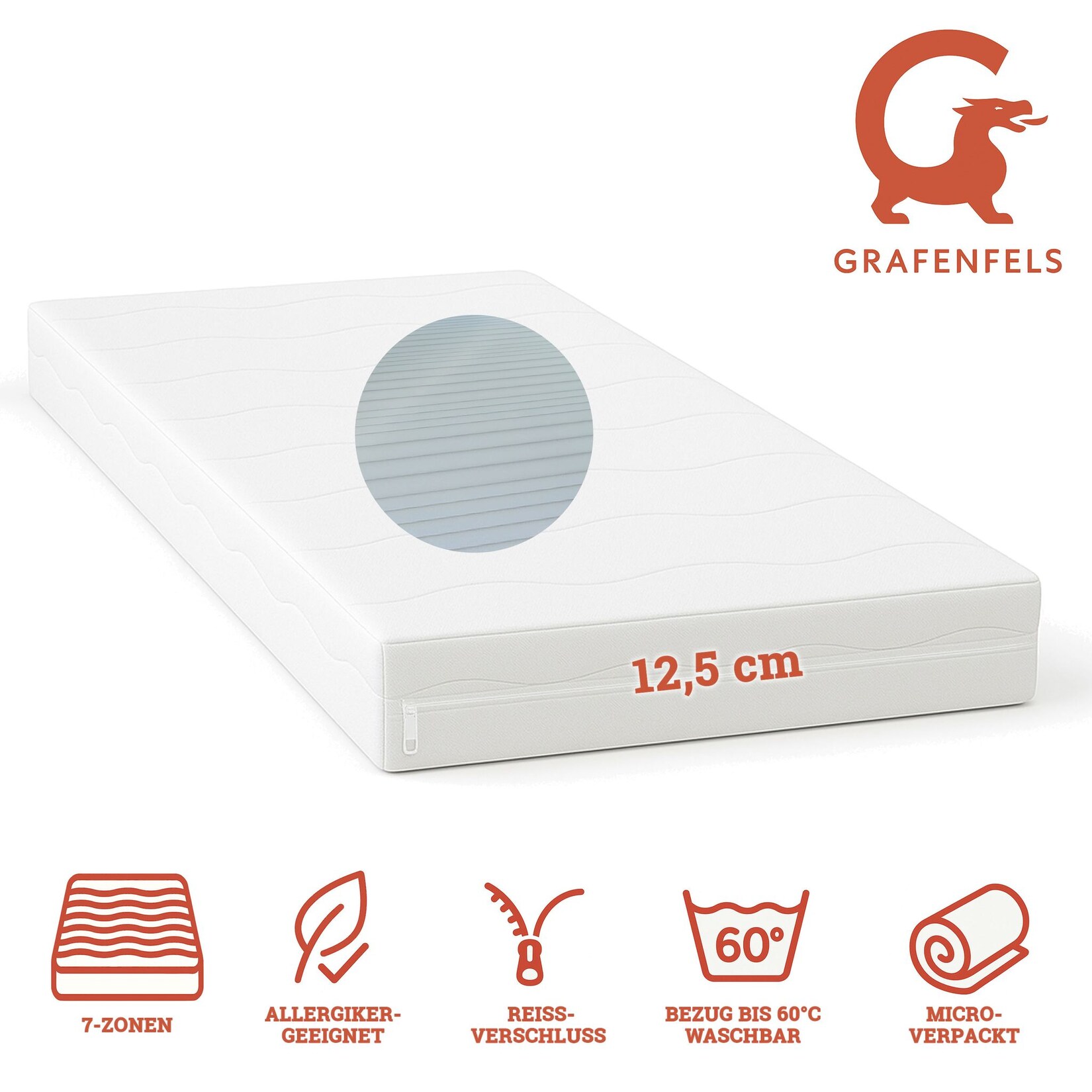 Grafenfels Matratze Bronze 90x200 extra fest 12,5cm hoch 7-Zonen