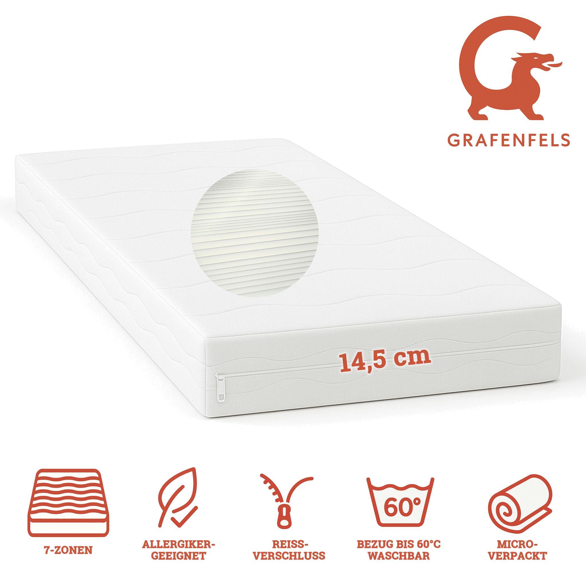 Grafenfels Matratze Silber 90x200 extra fest 14,5cm hoch 7-Zonen - Bild 1