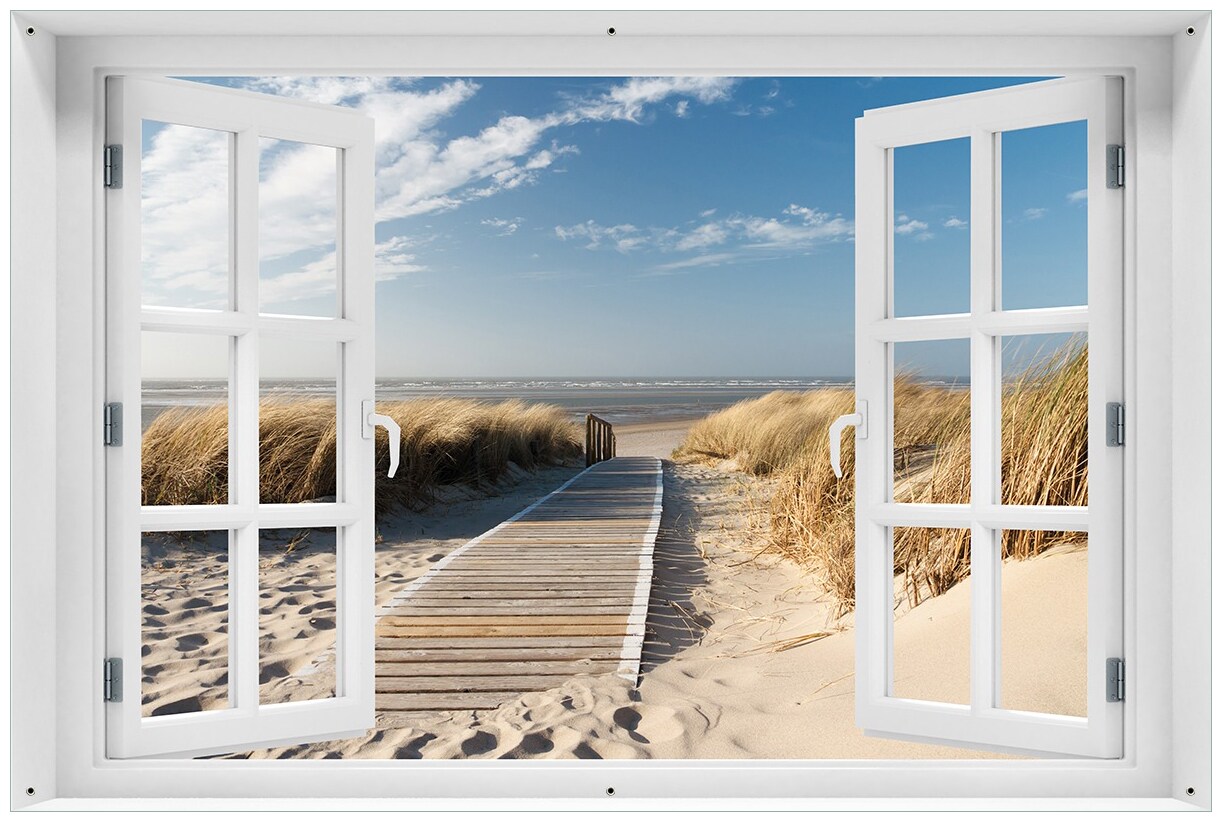 Gartenposter ca. 80 x 120 cm Fenster-Illusion Auf dem Holzweg zum Strand