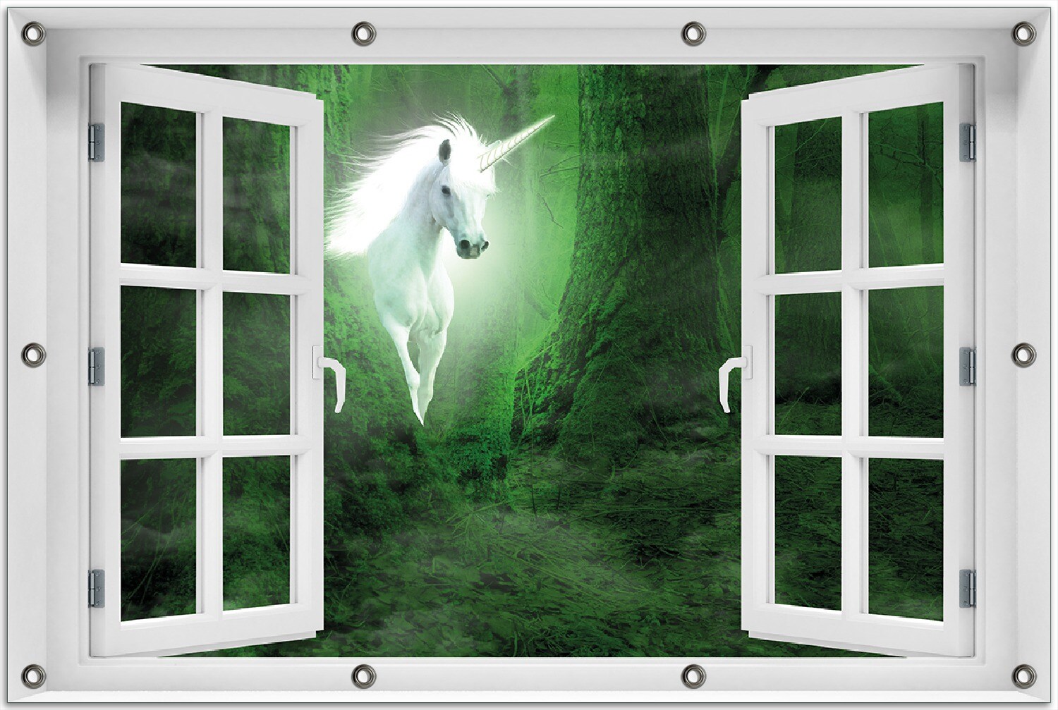 Gartenposter ca. 80 x 120 cm Fenster-Illusion Weißes Einhorn im grünen Wald