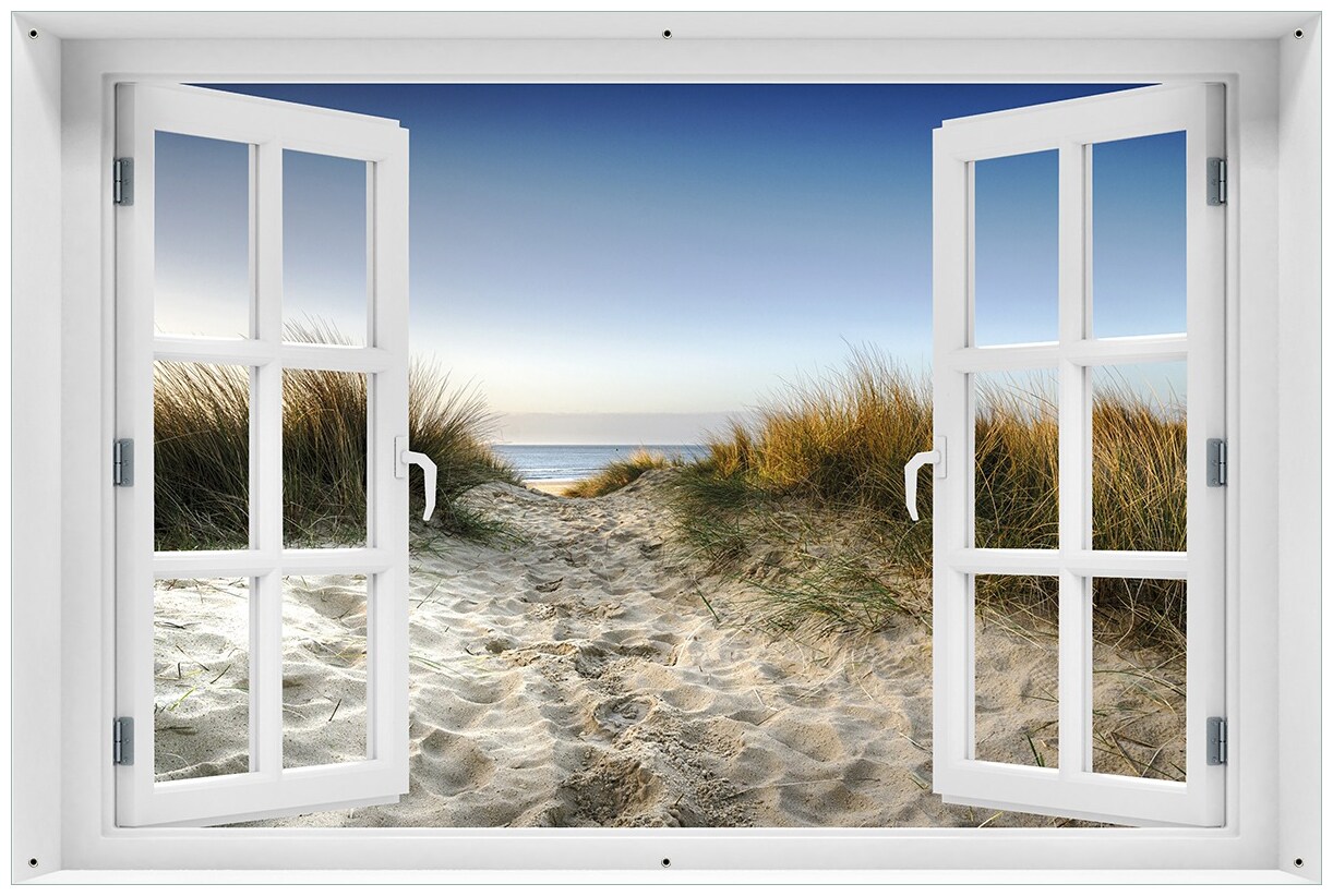 Gartenposter ca. 100 x 150 cm mit Fenster-Illusion Weg durch die Dünen zum Strand am Meer