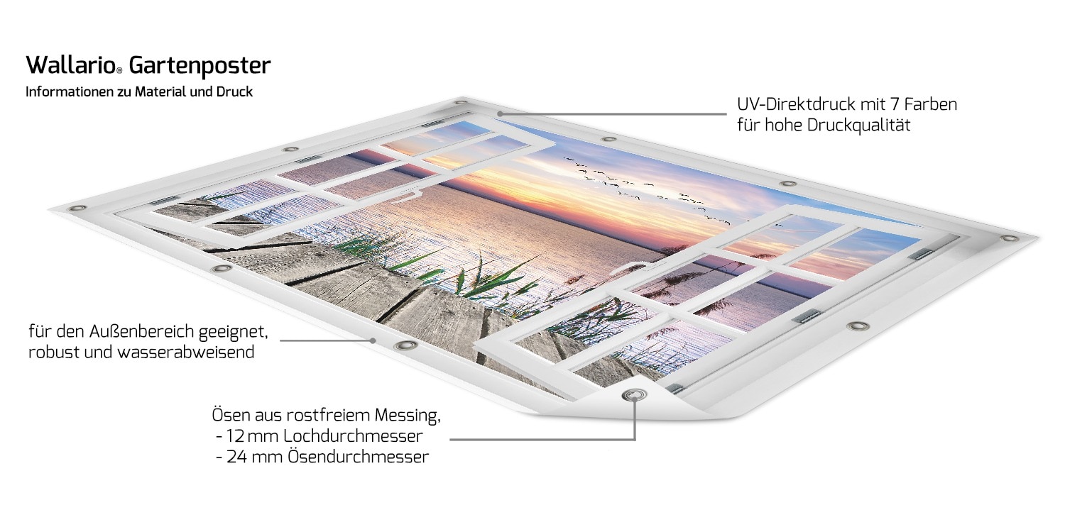 Wallario Gartenposter ca. 60 x 90 cm mit Fenster-Illusion Seepanorama mit Schilf und fliegenden V&ouml;geln - Bild 1
