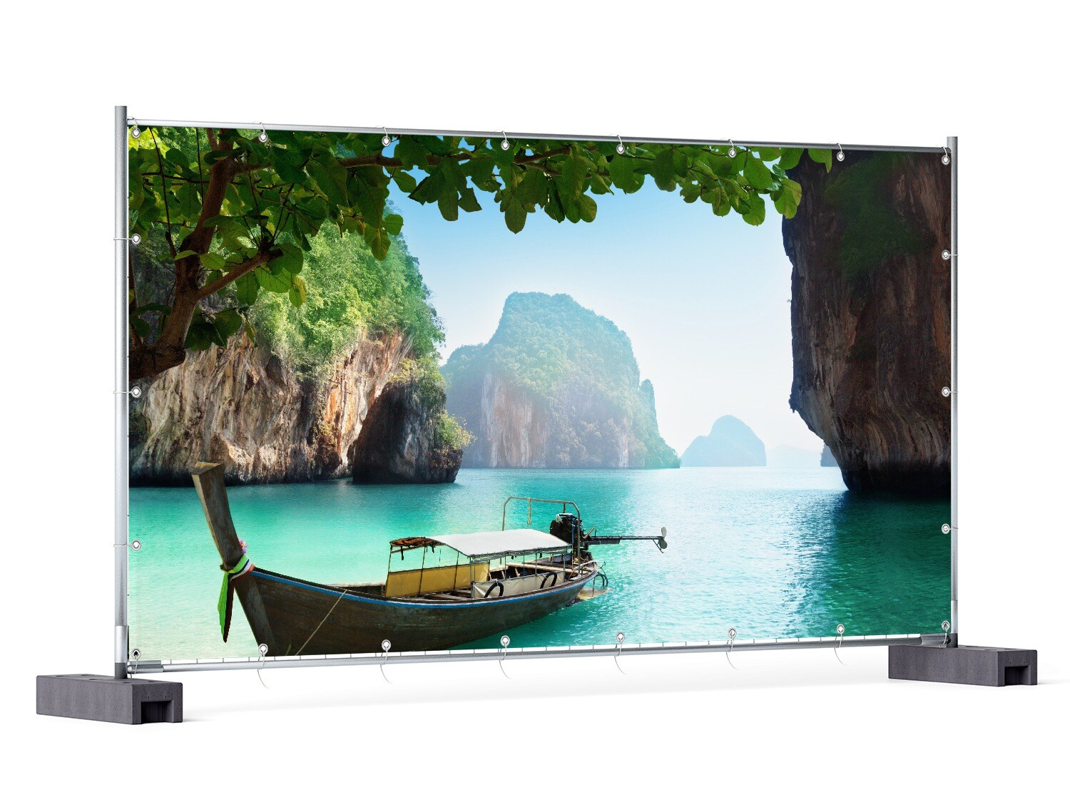 Gartenposter ca. 100 x 150 cm Fischerboot in Thailand  blaues Meer und Steinfelsen