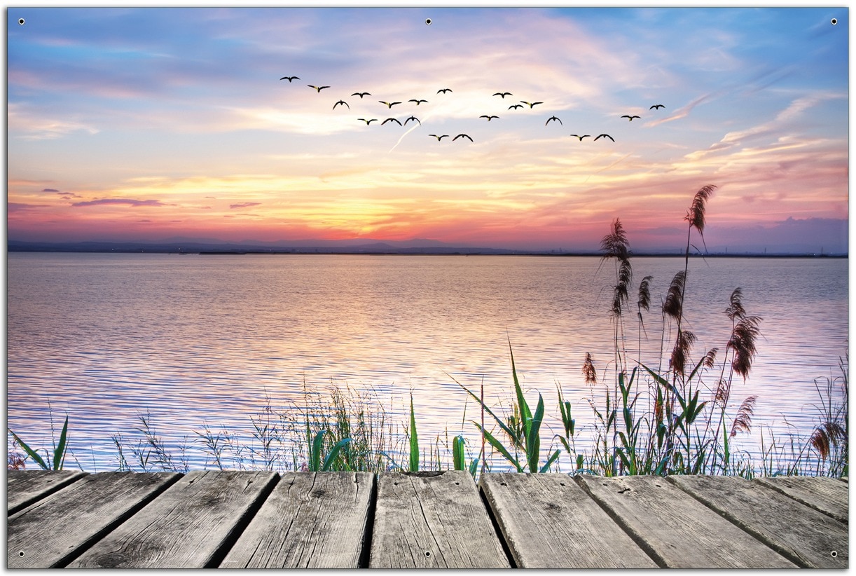 Wallario Gartenposter ca. 120 x 180 cm Seepanorama mit Schilf und fliegenden V&ouml;geln - Bild 1