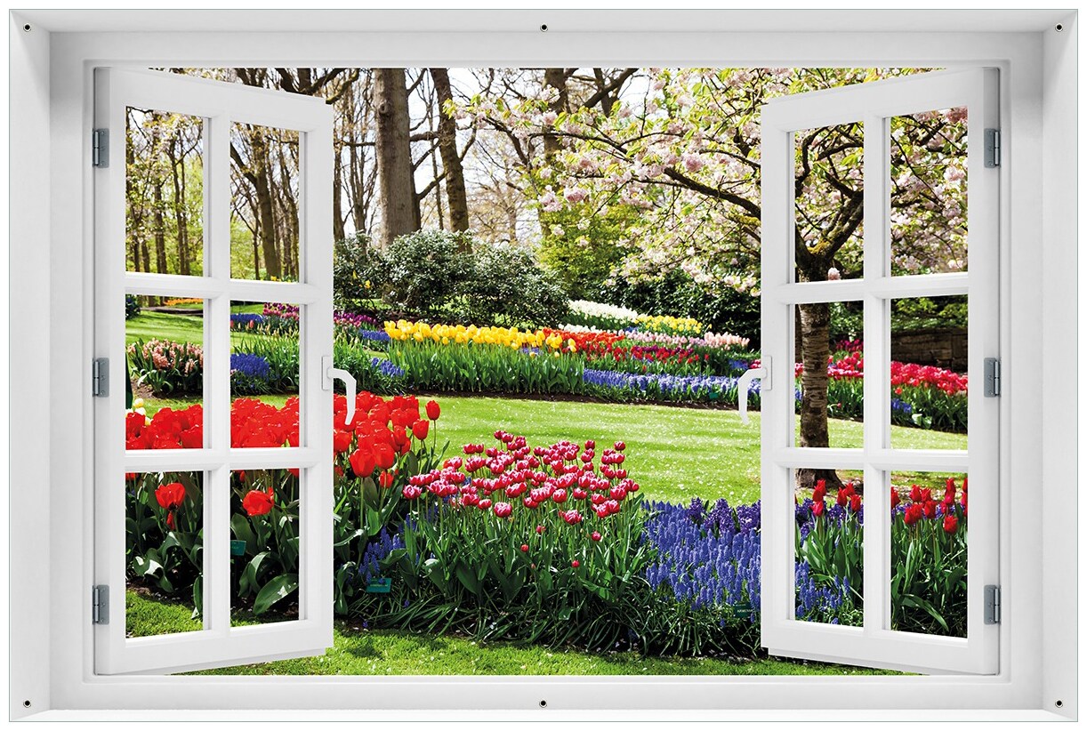 Gartenposter ca. 100 x 150 cm mit Fenster-Illusion Bunte Blumen und Kirsch-Baum im Park blühen im Frühling