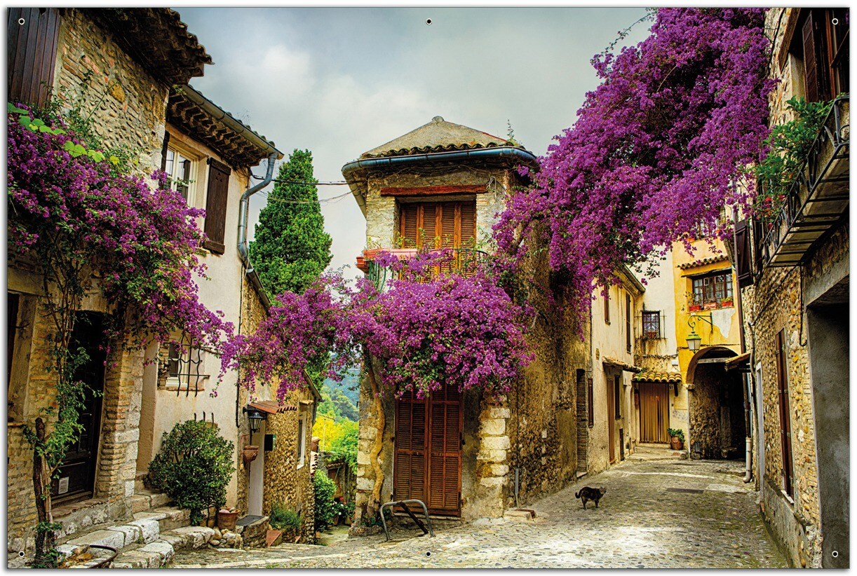 Gartenposter ca. 120 x 180 cm Malerische Stadt in der Provence mit bunten Blumen
