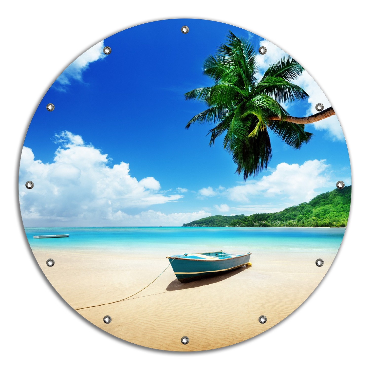 Wallario Gartenposter ca. 120 x 180 cm Urlaub am Palmenstrand unter Palmen mit Fischerboot - Bild 1