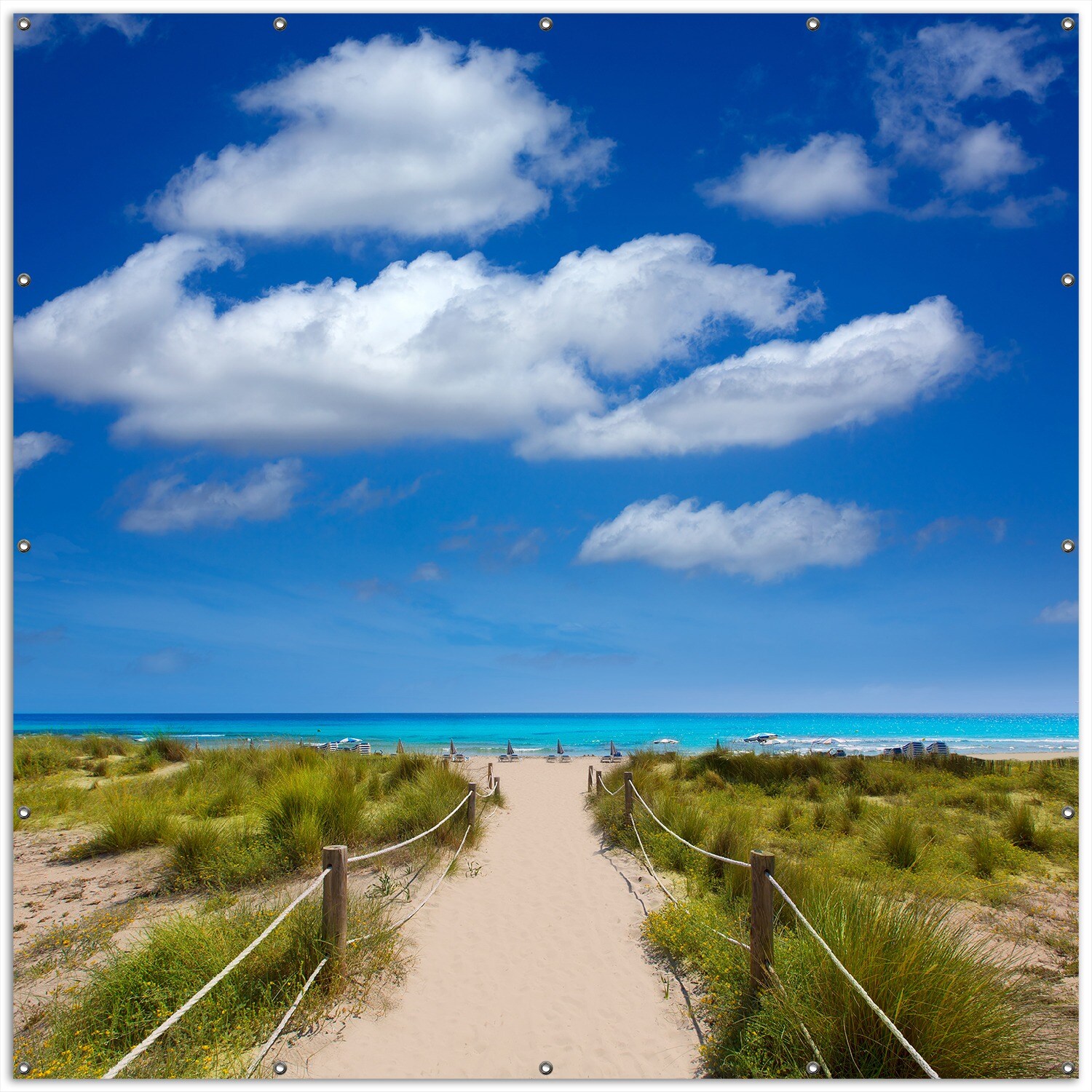 Gartenposter ca. 120 x 180 cm Sandweg zum blauen Meer mit blauem Himmel