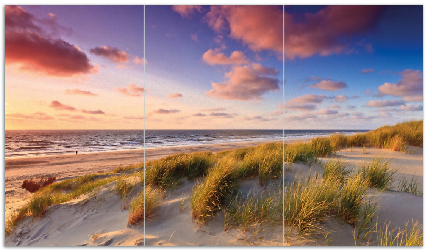 Wallario Herdabdeckplatte 80 x 52 cm (BxH), 2-teilig Abendspaziergang am Strand - Sonnenuntergang &uuml;ber dem Meer - Bild 1