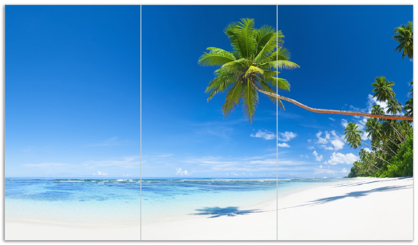 Wallario Herdabdeckplatte 60 x 52 cm (BxH), 1-teilig Wei&szlig;er Sandstrand am Meer - Ein Traum unter Palmen - Bild 1