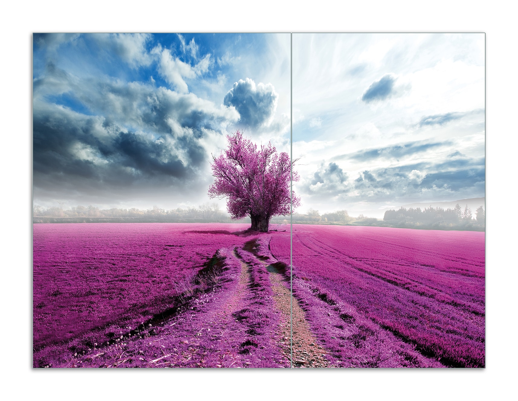 Wallario Herdabdeckplatte 60 x 52 cm (BxH), 1-teilig Surreales Blumenfeld  lila Blumen auf dem Feld - Bild 1