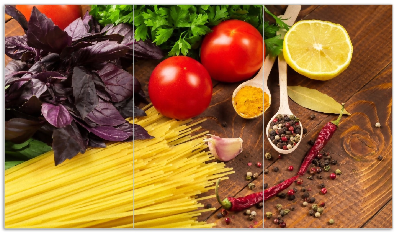 Wallario Herdabdeckplatte 80 x 52 cm (BxH), 2-teilig Italienisches Men&uuml; mit Spaghetti, Tomaten, Basilikum und Gew&uuml;rzen - Bild 1