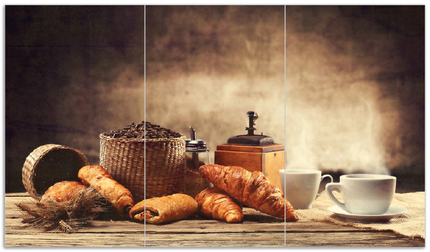 Wallario Herdabdeckplatte 80 x 52 cm (BxH), 2-teilig Franz&ouml;sisches Fr&uuml;hst&uuml;ck mit Caf&eacute; und Croissants - Bild 1
