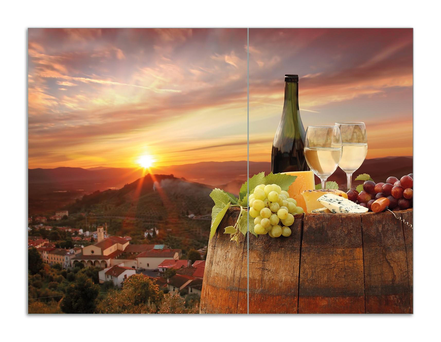 Wallario Herdabdeckplatte 80 x 52 cm (BxH), 2-teilig Wein Romantik - Wei&szlig;wein mit K&auml;se auf einem Fass - Bild 1