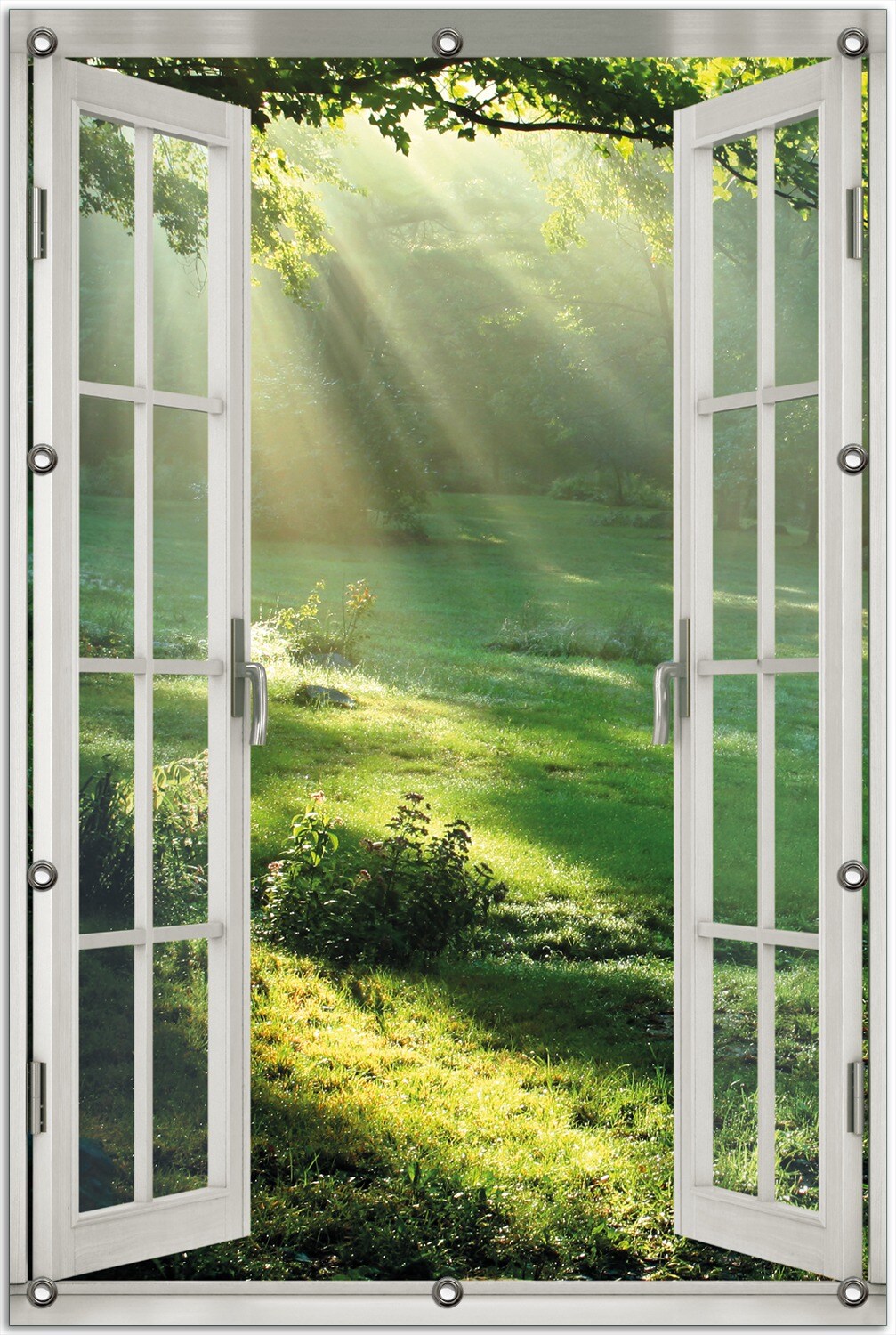Gartenposter ca. 100 x 150 cm mit Fenster-Illusion Sonnenstrahlen im Wald