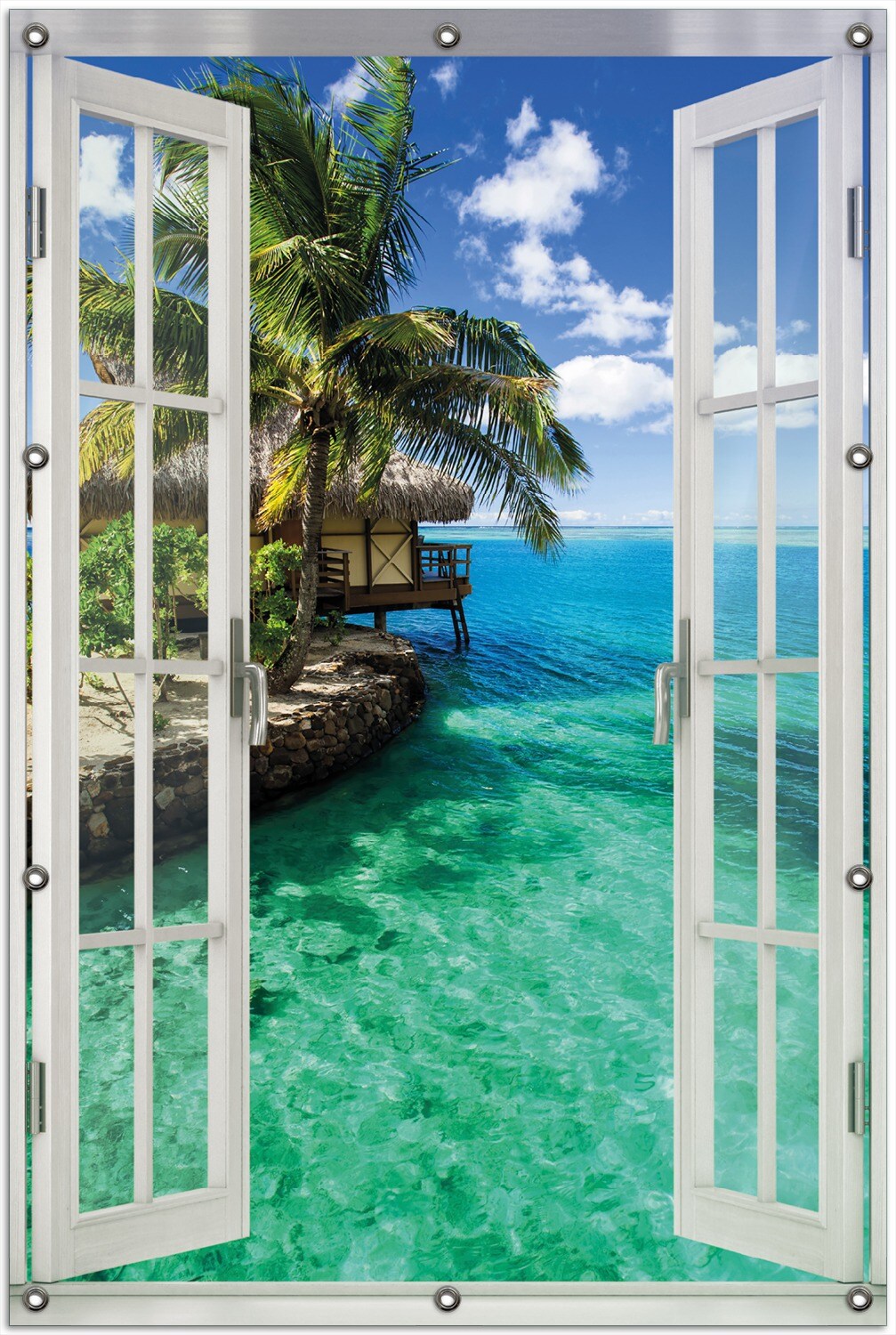 Gartenposter ca. 80 x 120 cm Fenster-Illusion Karibisches Meer ? Einsame Hütte unter Palmen