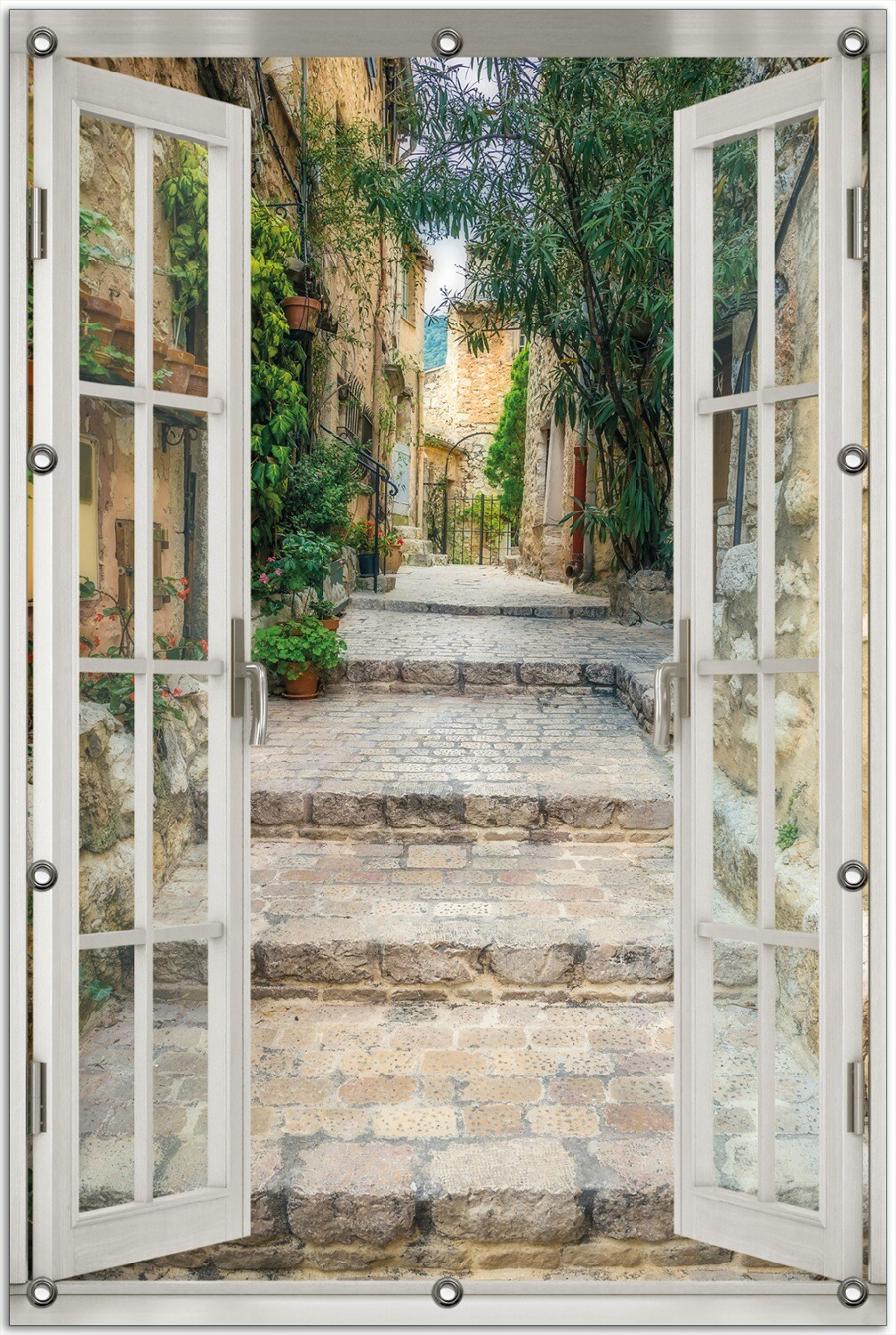 Gartenposter ca. 100 x 150 cm mit Fenster-Illusion Alte steinerne Gasse in Südfrankreich