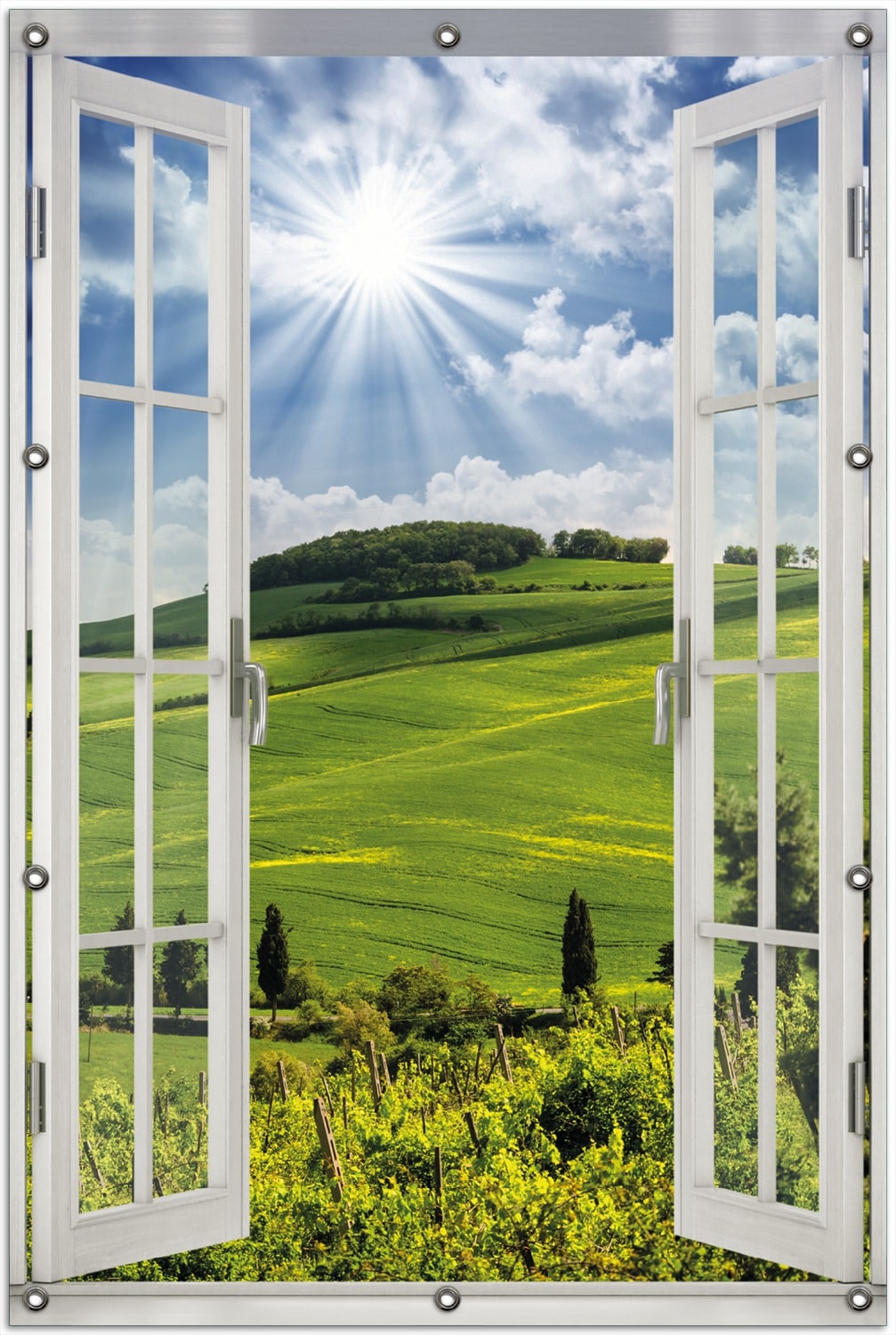 Wallario Gartenposter ca. 60 x 90 cm mit Fenster-Illusion Strahlender Sonnenschein - Bild 1