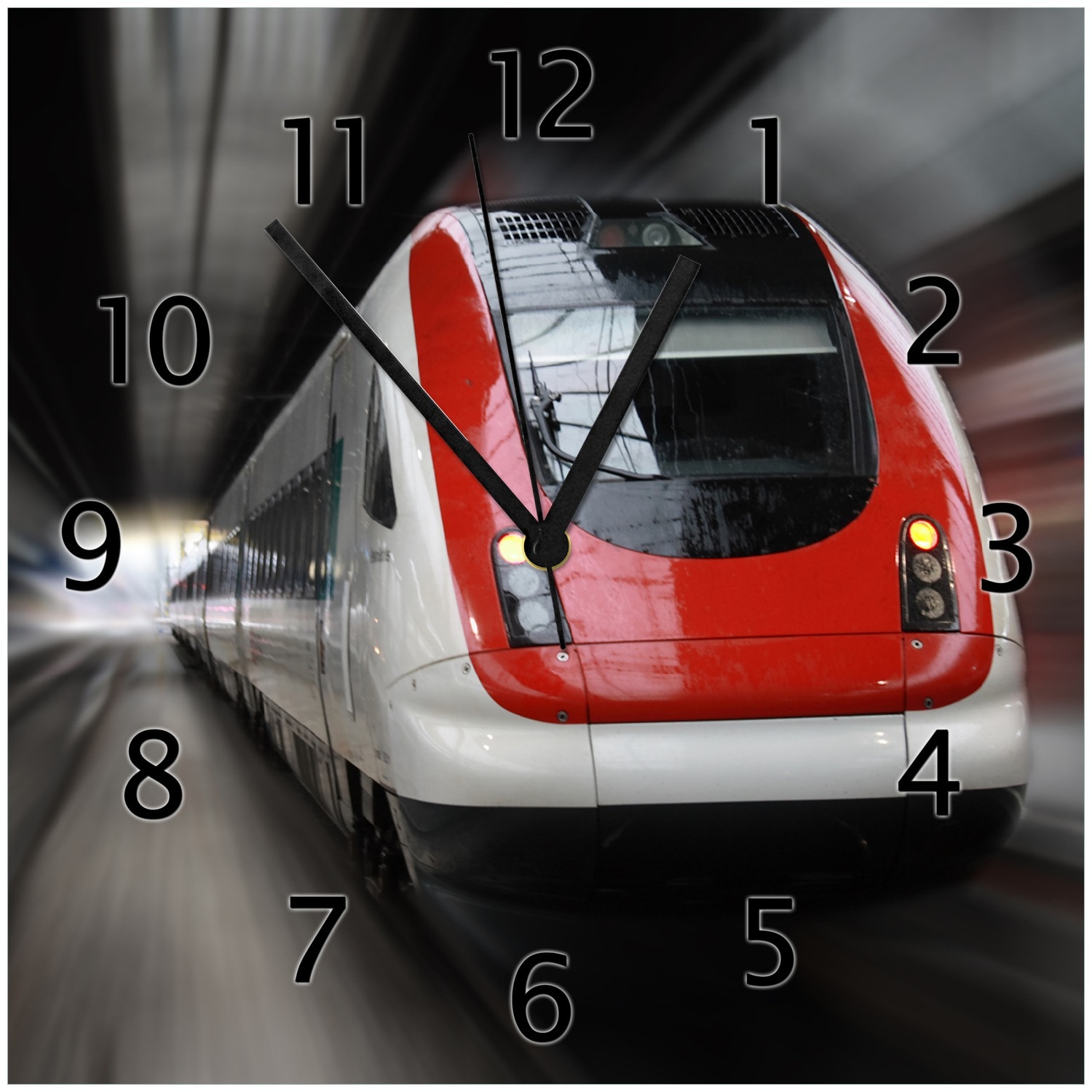 Wallario Uhr 30 x 30 cm, wei&szlig;e Zeiger Fahrender Zug von vorn in rot- Perspektive von vorn - Bild 1