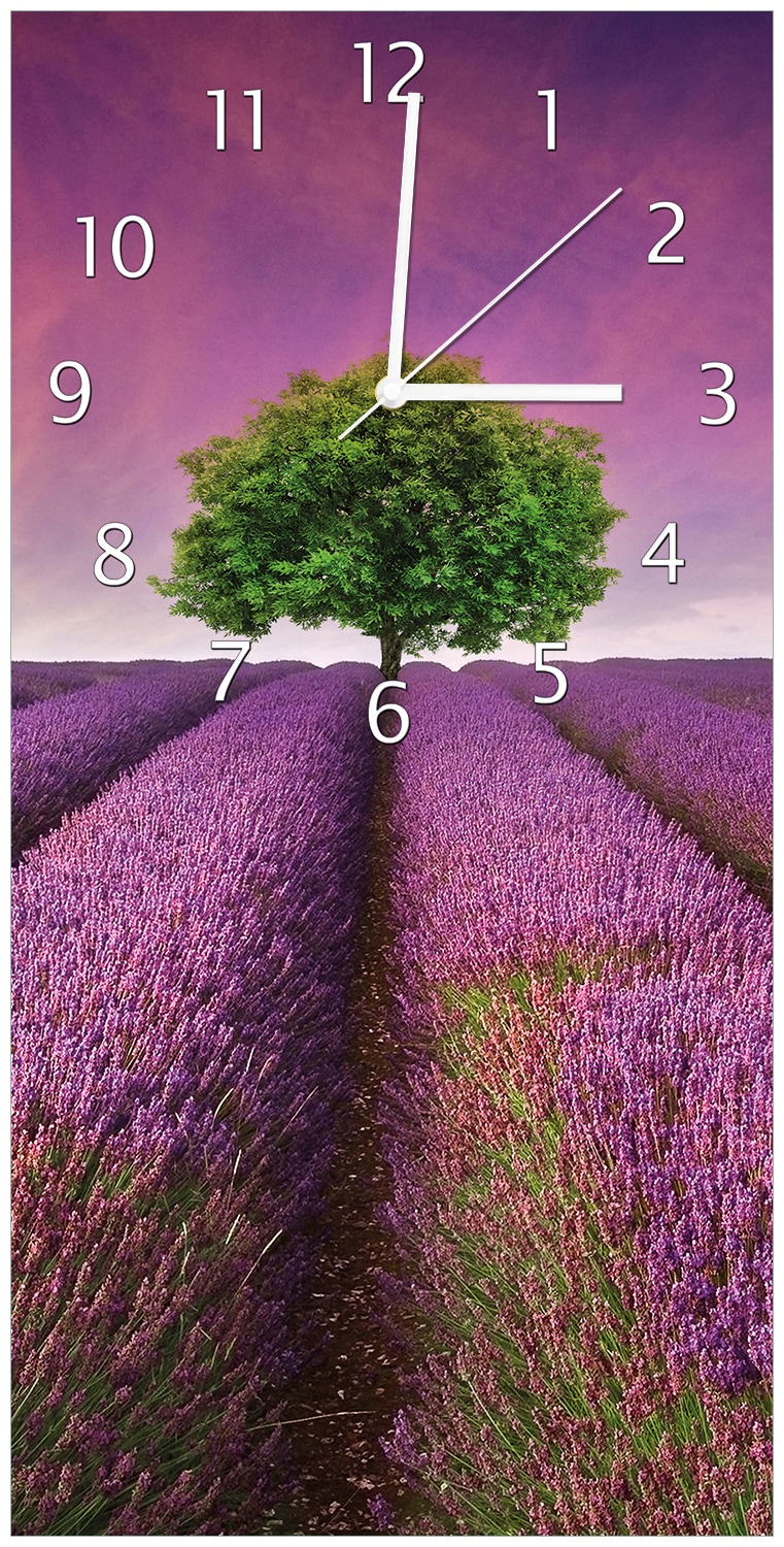 Wallario Uhr 30 x 30 cm, wei&szlig;e Zeiger Lila Blumenfeld - Bild 1