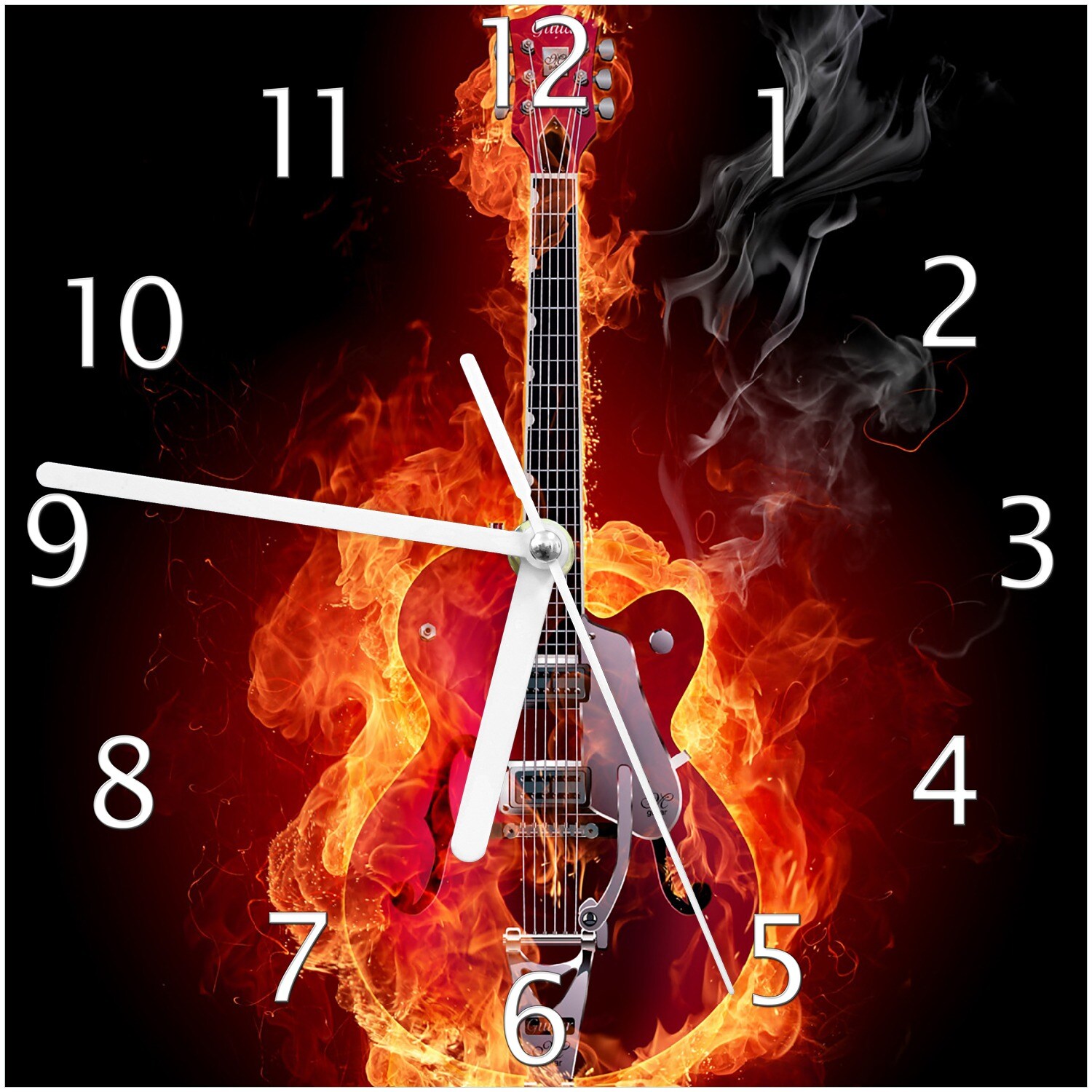 Wallario Uhr 30 x 30 cm, wei&szlig;e Zeiger Brennende Gitarre - Bild 1